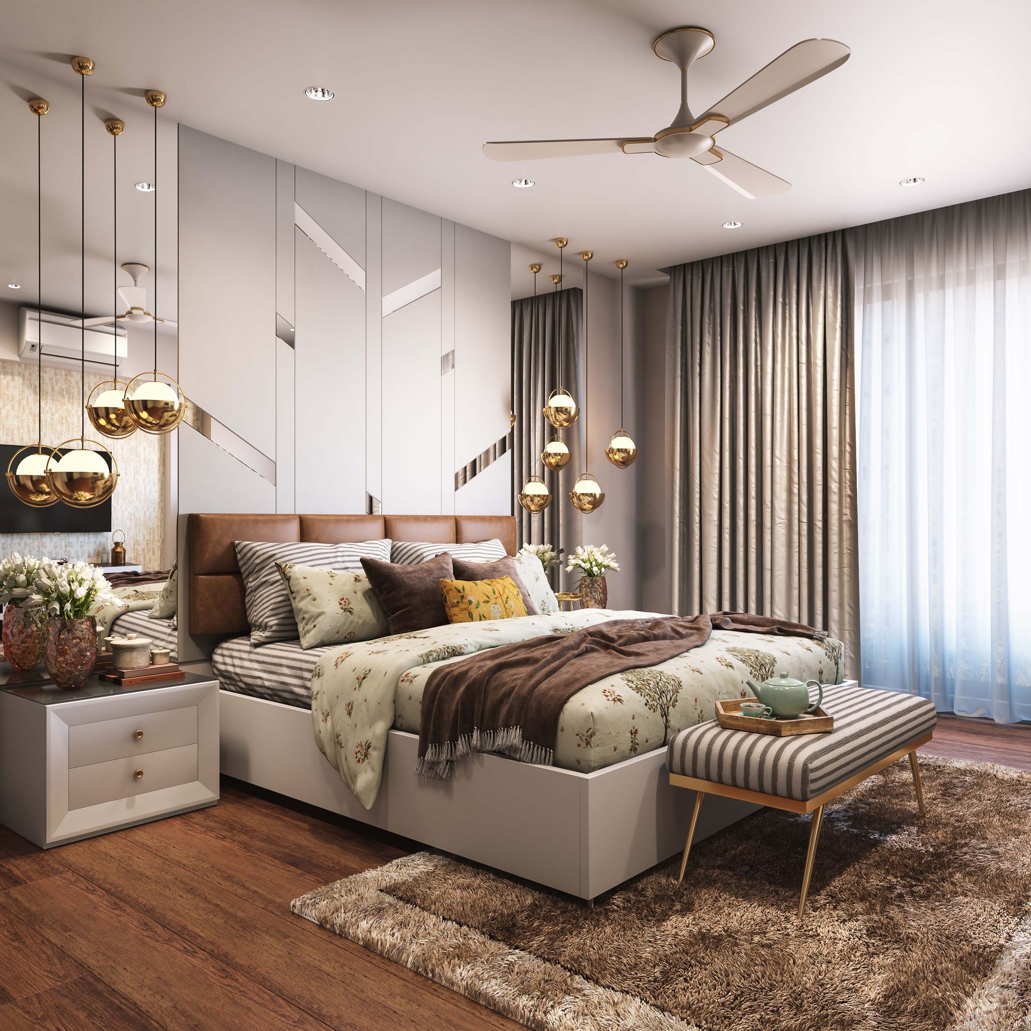 Modern Bedroom Design With Mirrored Wall Panelling - 14x13 Ft | Livspace