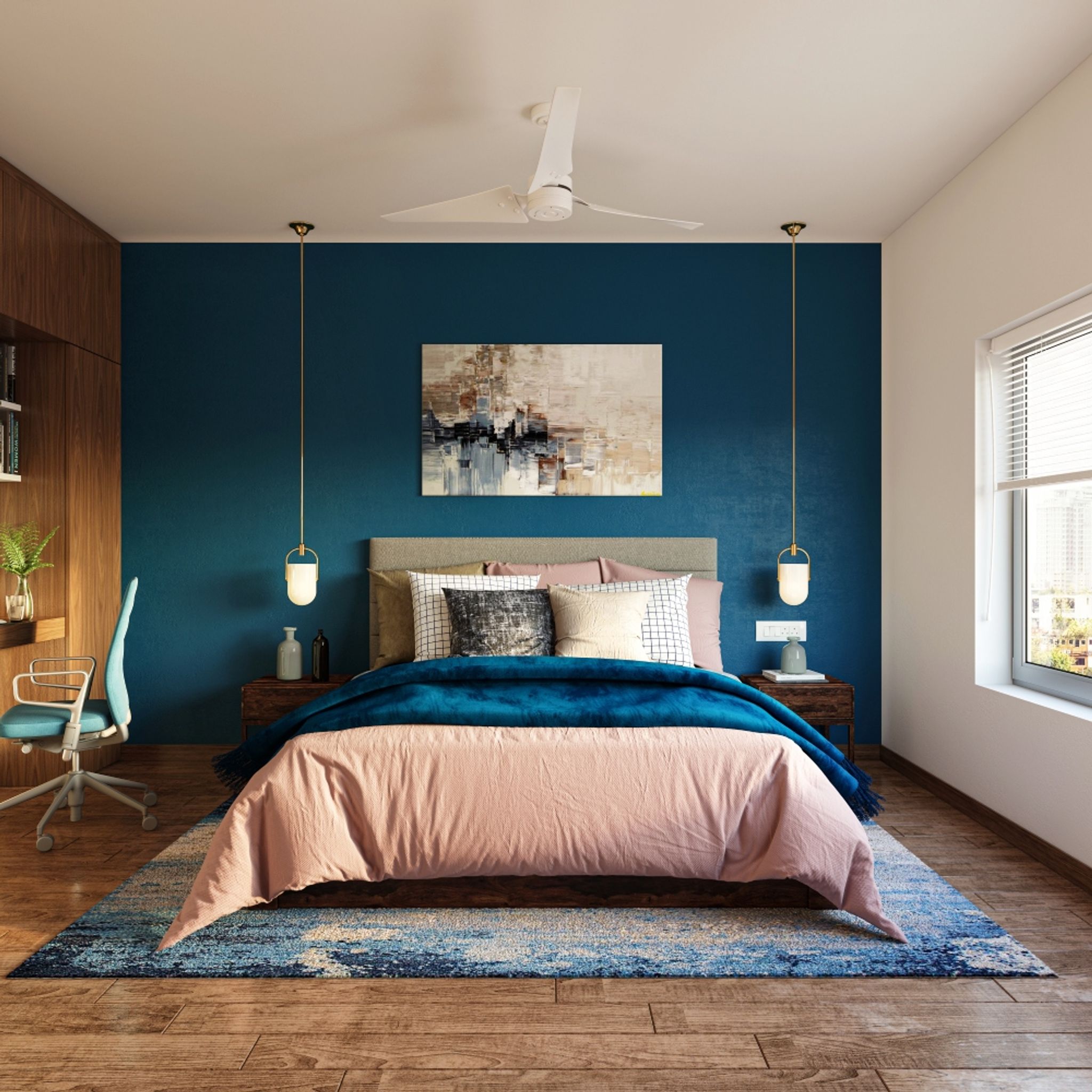 Modern Master Bedroom Design With Blue Accent Wall | Livspace