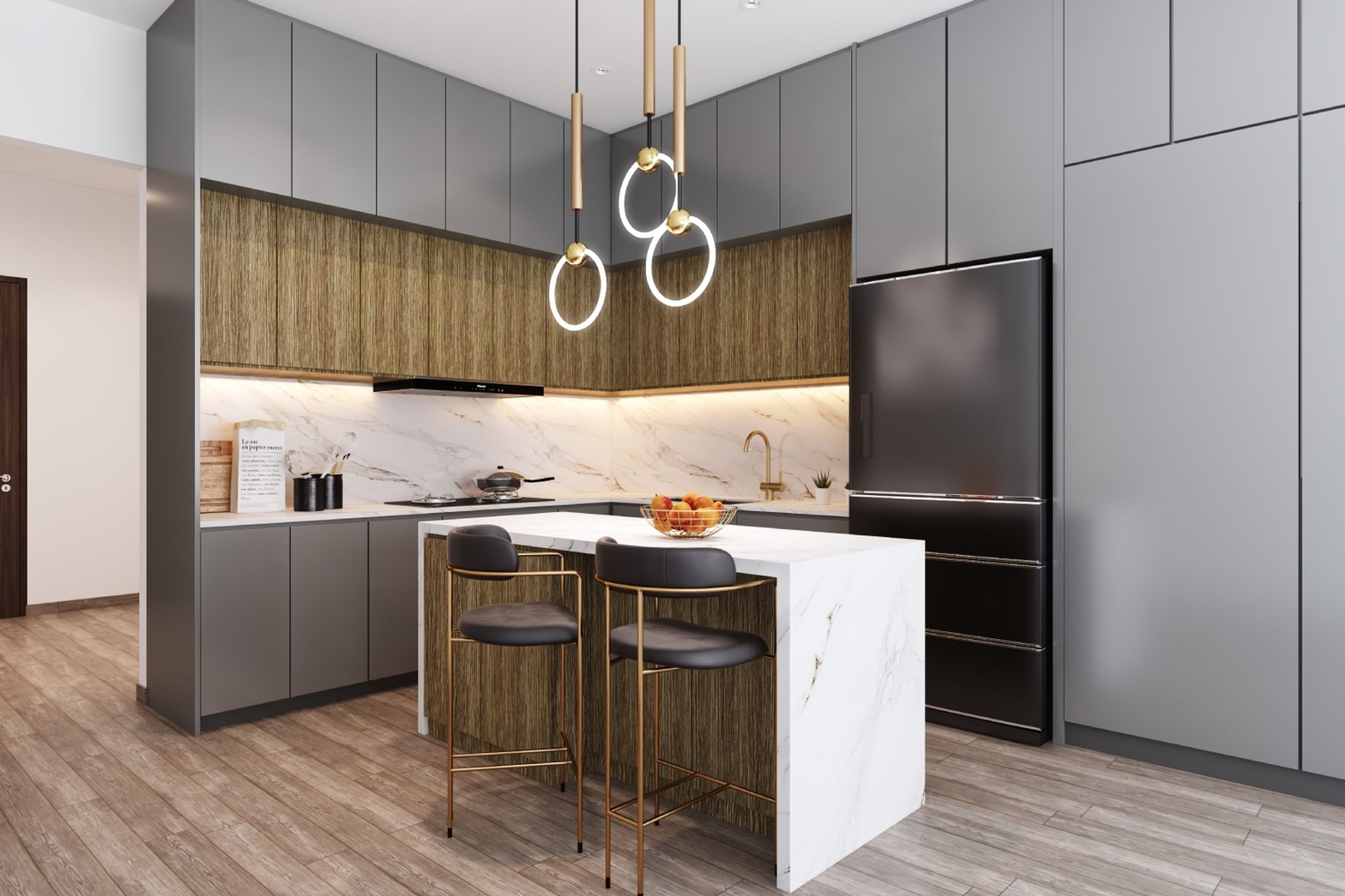 Elegant Island Kitchen Design with Marble Countertop and Contemporary ...