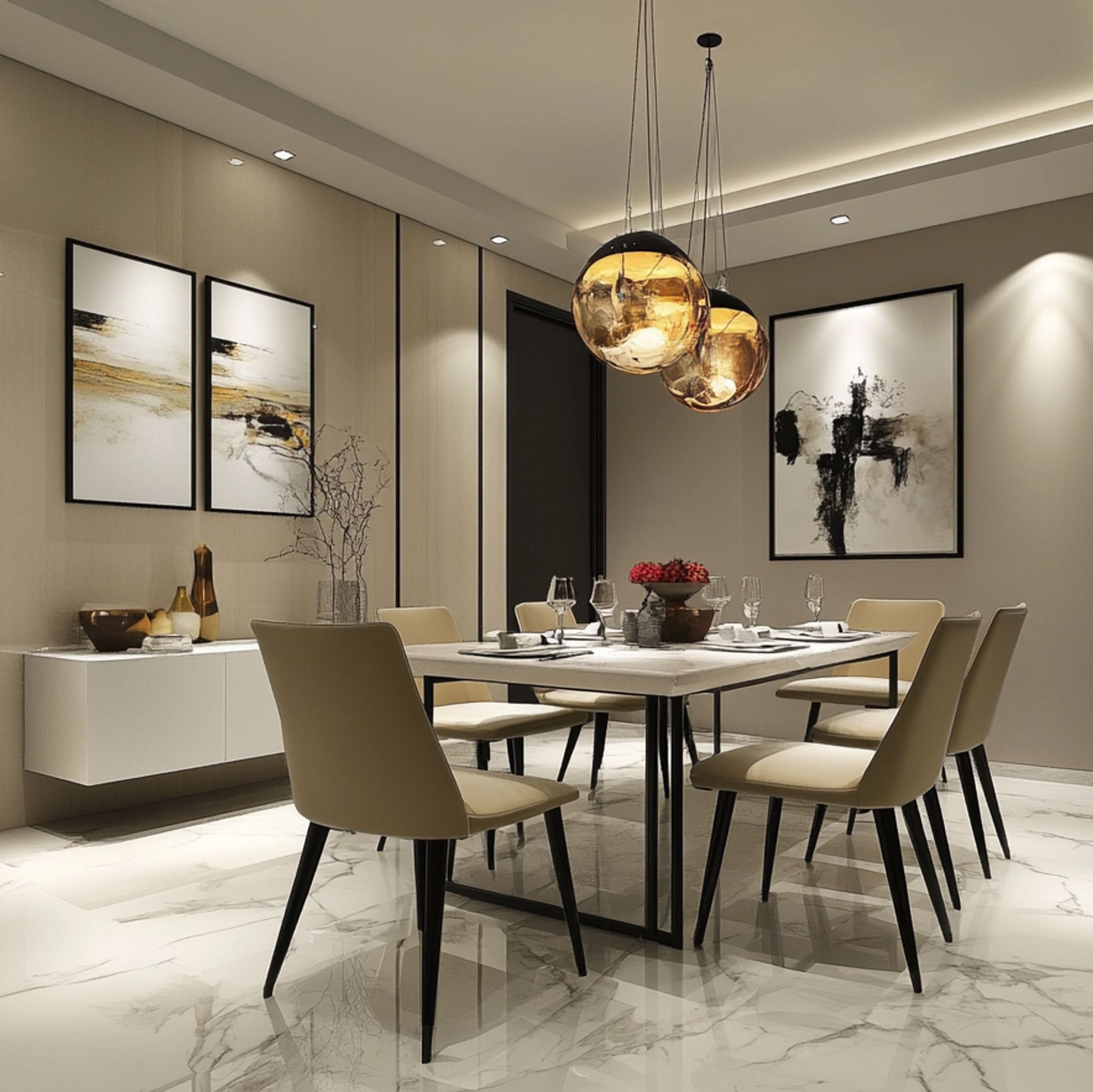 6-Seater Modern Dining Room Design with Marble Top, Beige Chairs, and ...