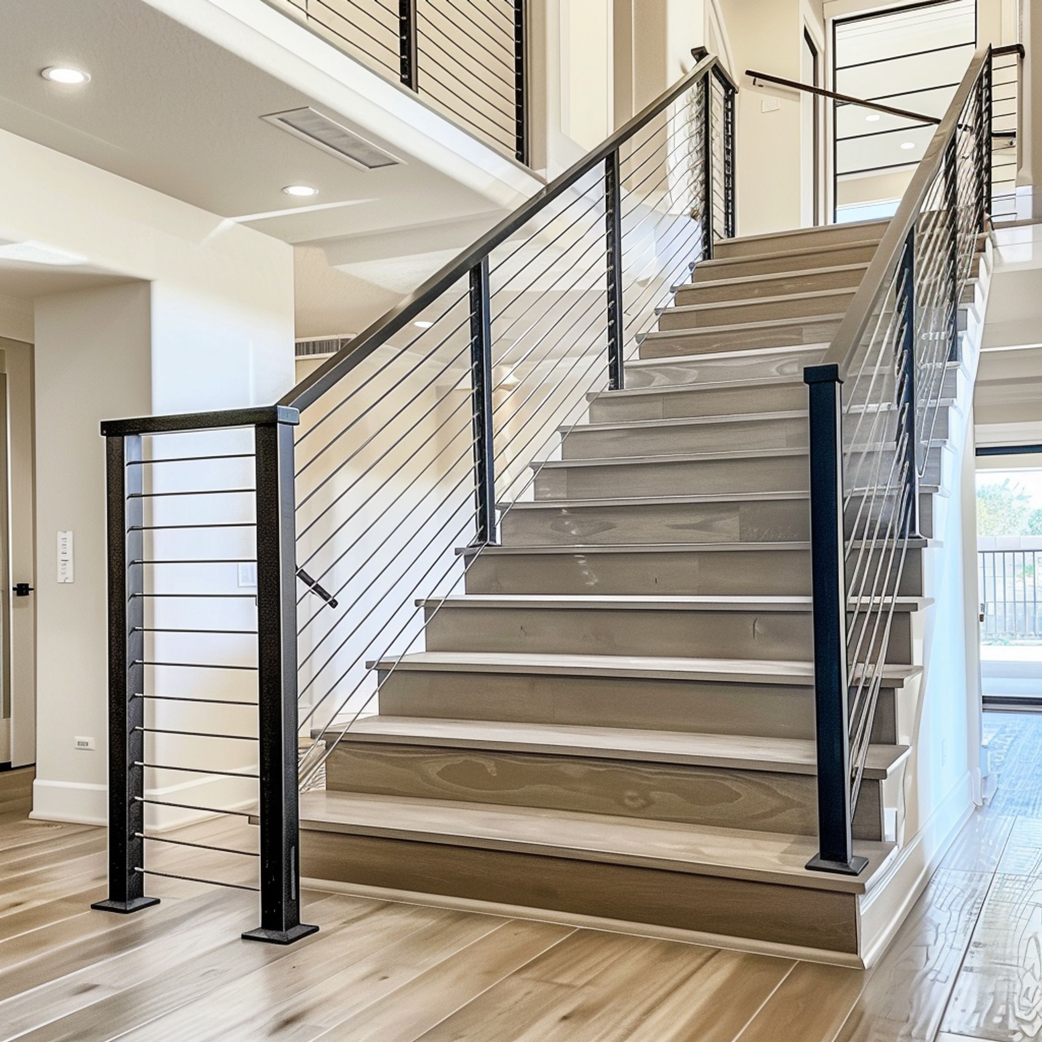 Sleek Minimal Metal and Concrete Straight Staircase Design | Livspace