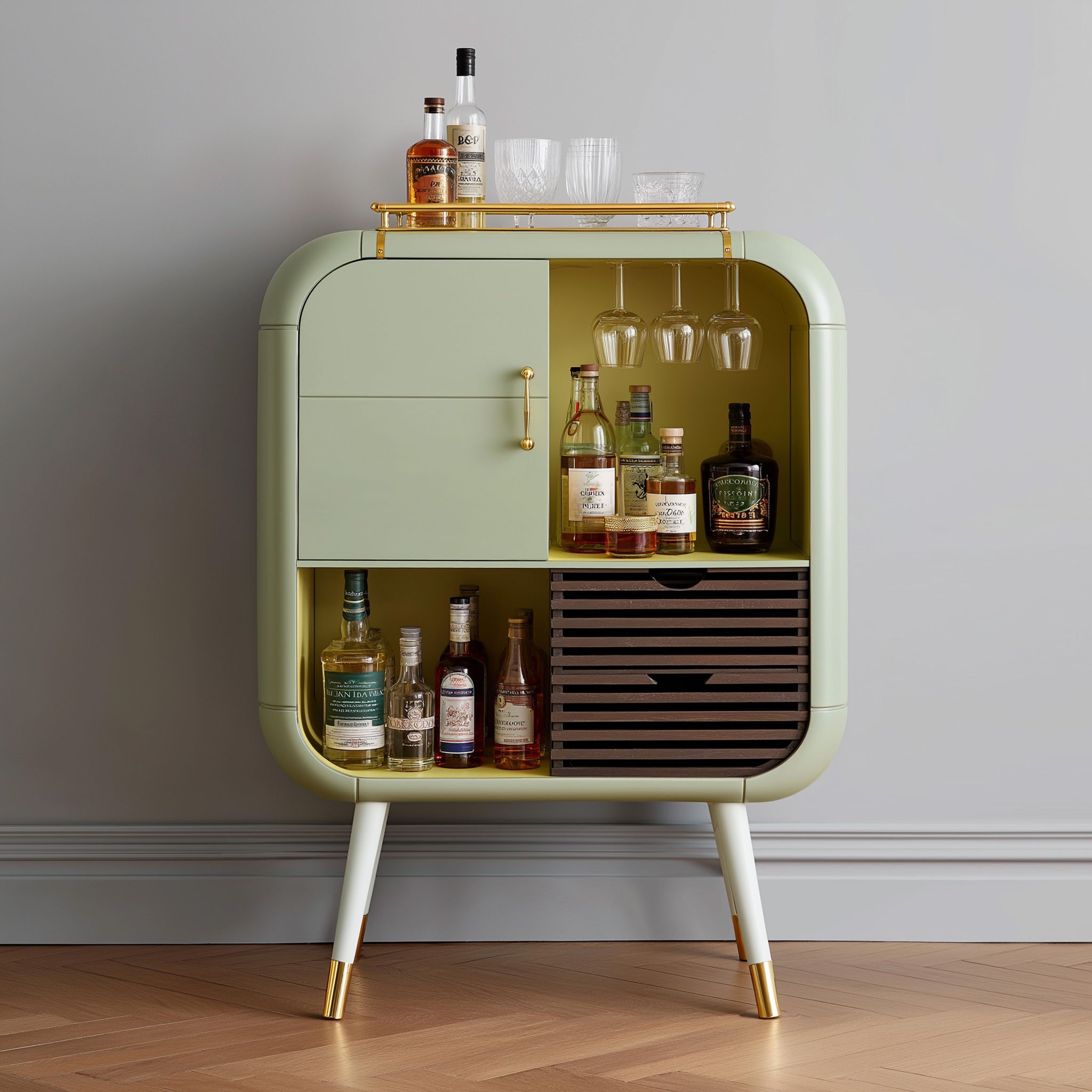 Mid-Century Modern Home Bar Design with Shelves, Racks and Closed ...