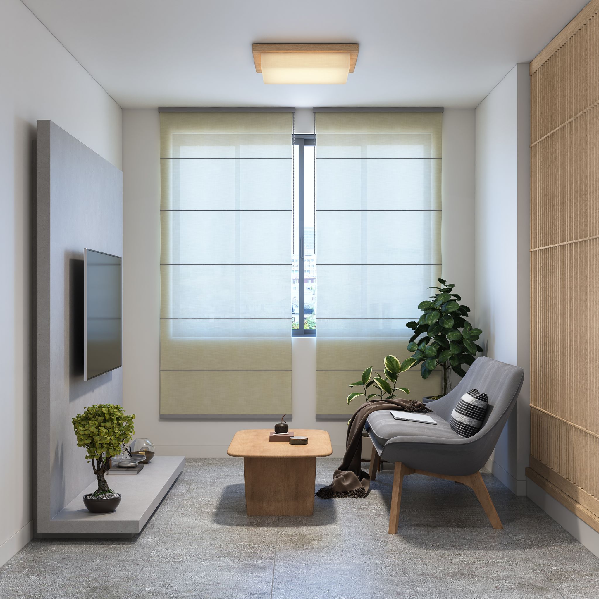 Water-Resistant Living Room Tile Design With A Concrete Finish | Livspace