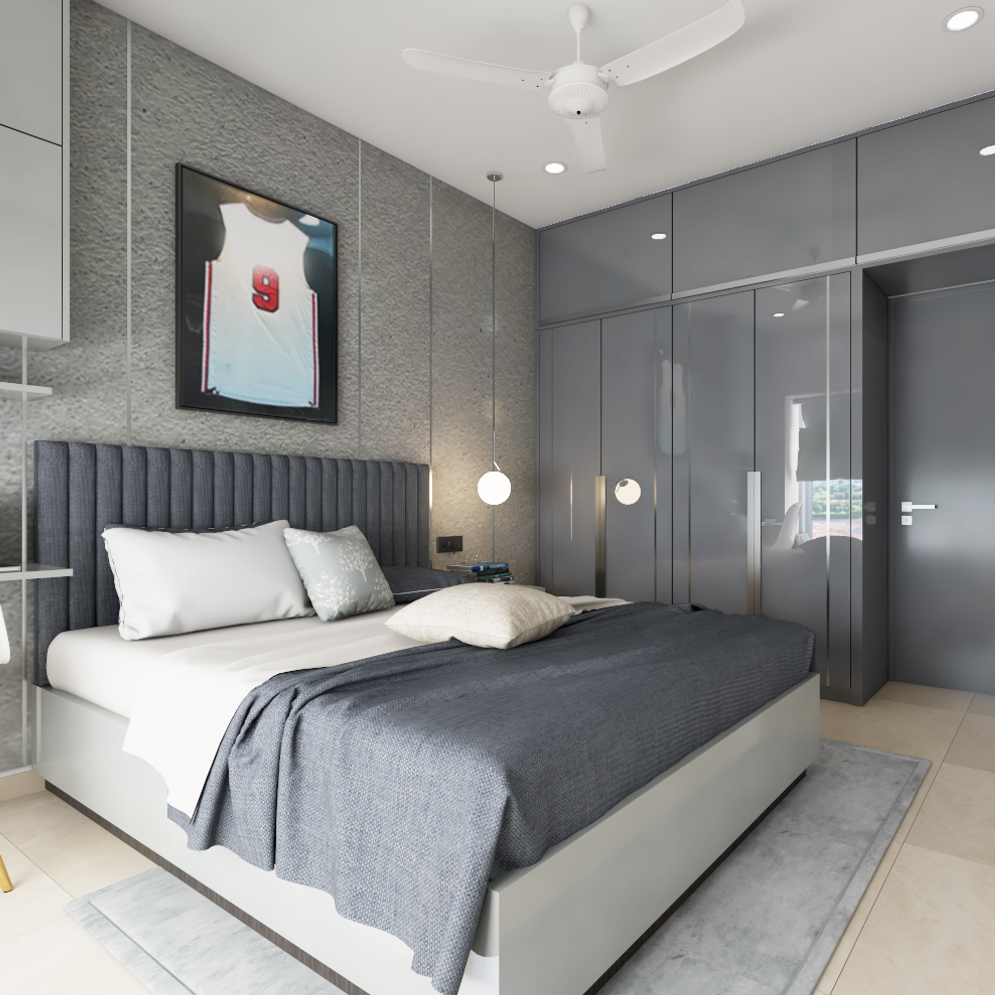 Modern Bedroom with Black Tufted Headboard and Grey Shades | Livspace