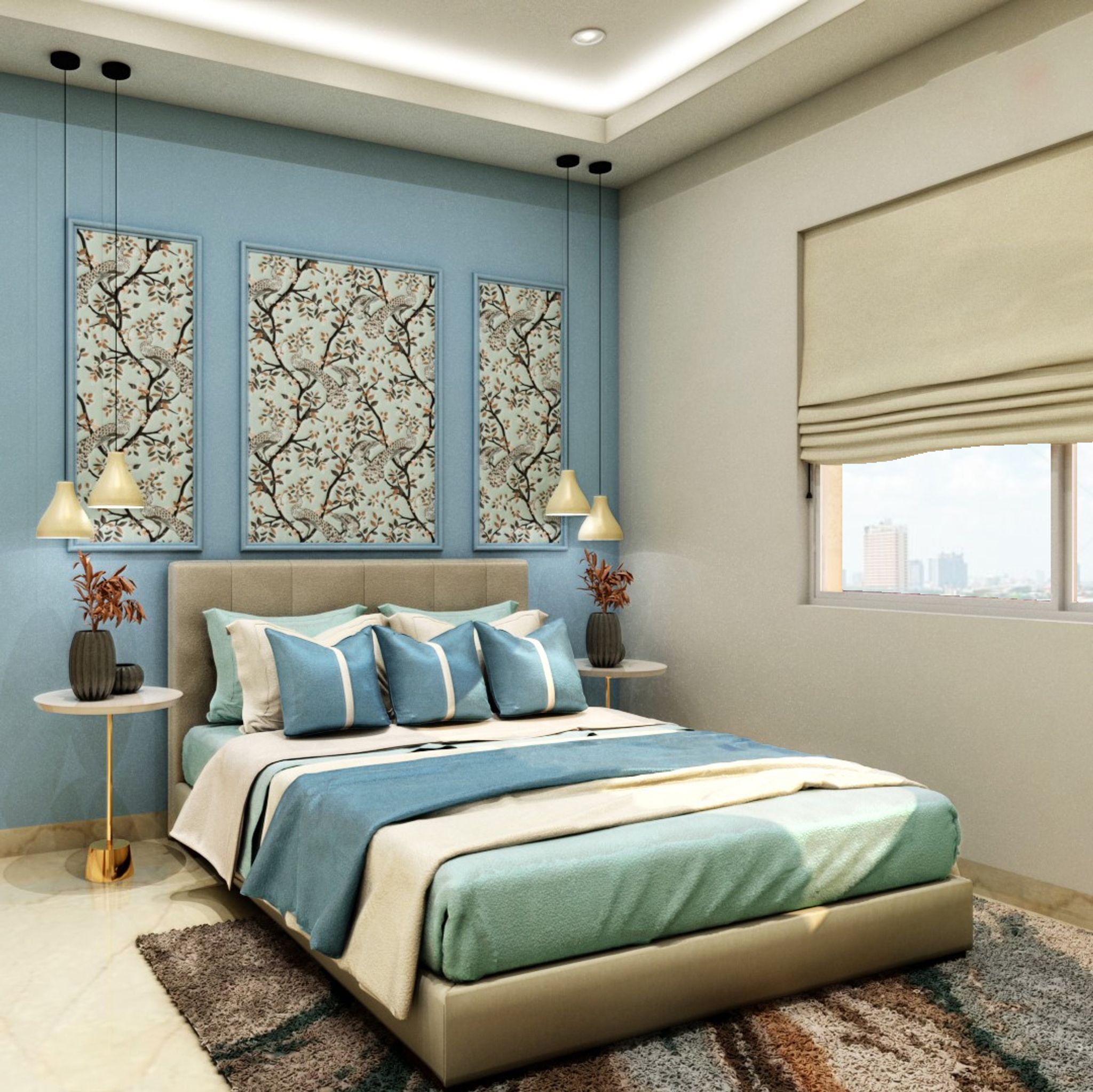 Compact Blue Toned Bedroom with Magnificent Wall Art | Livspace