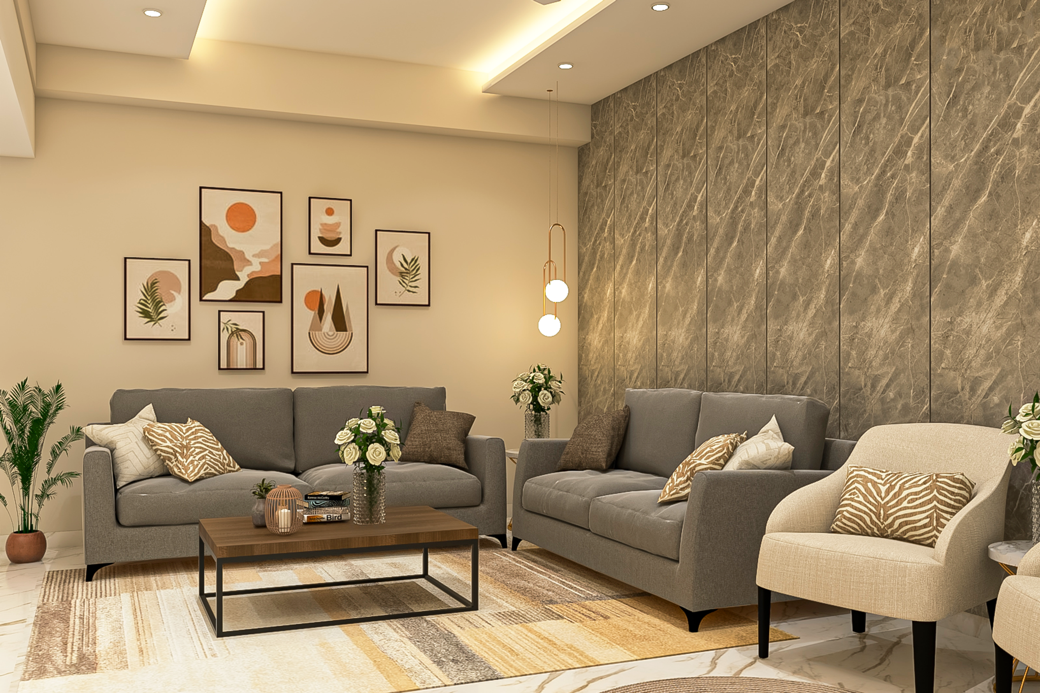 Marble Splash Wall Panelling Living Room Design with Grey Sofa Set ...