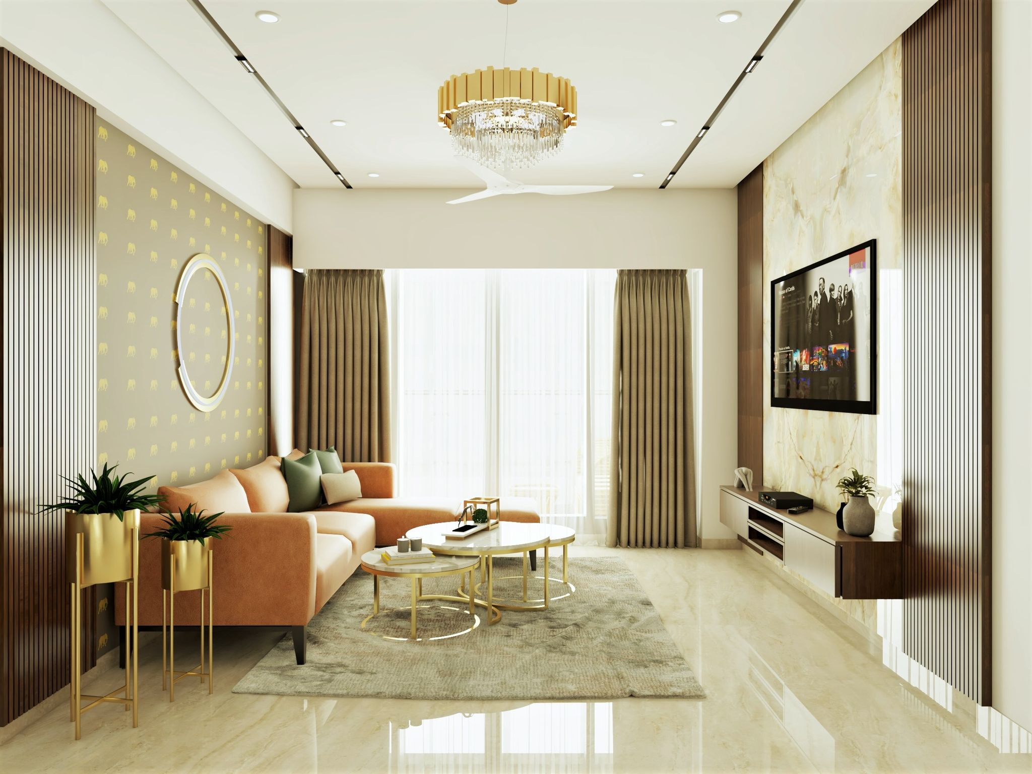 Spacious Contemporary Living Room Design With Marble Finish | Livspace