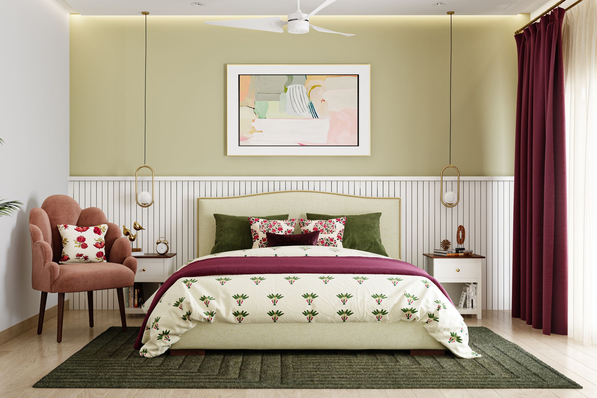 Contemporary Spacious Master Bedroom Design with Hanging Light | Livspace