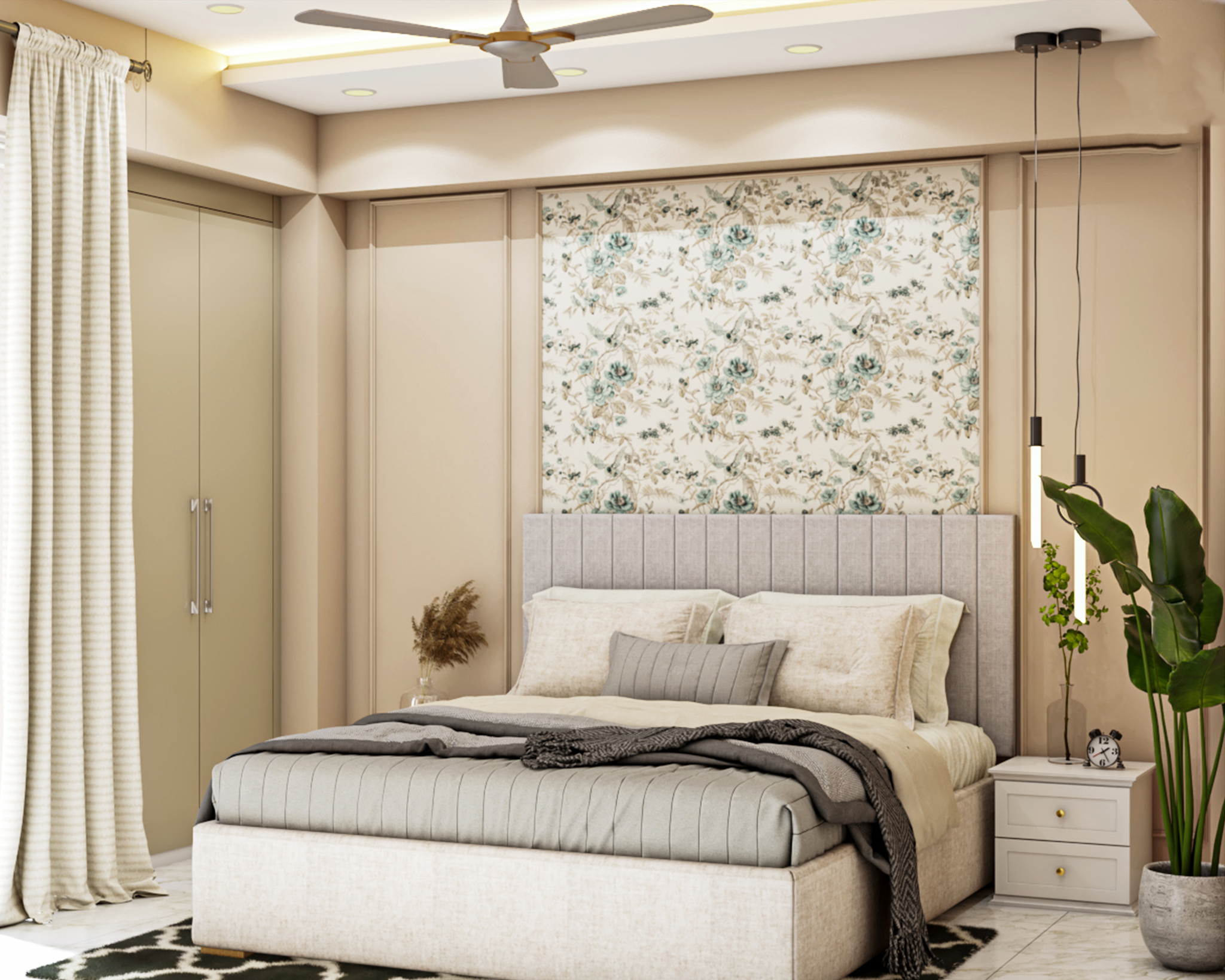 Modern Compact Master Bedroom Design with Pattern Wall | Livspace
