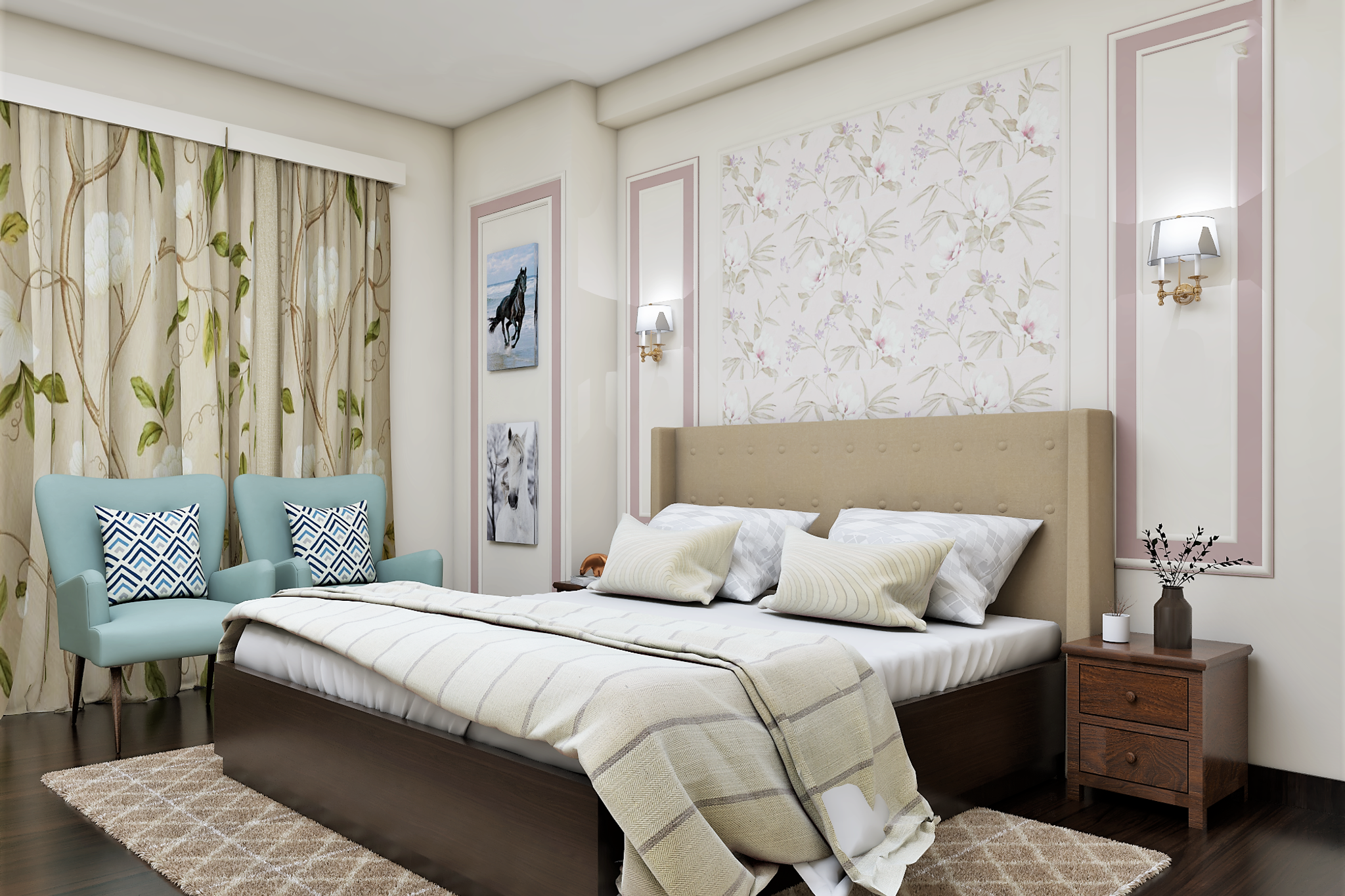 Modern Spacious Master Bedroom Design with Blue Accent Chairs | Livspace