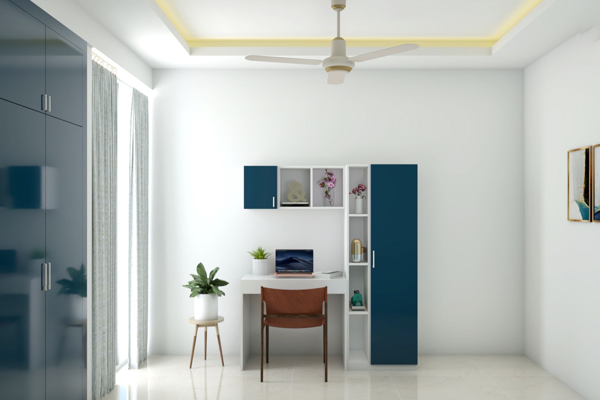 Low Maintenance Compact Bedroom With Blue Accent Wall | Livspace