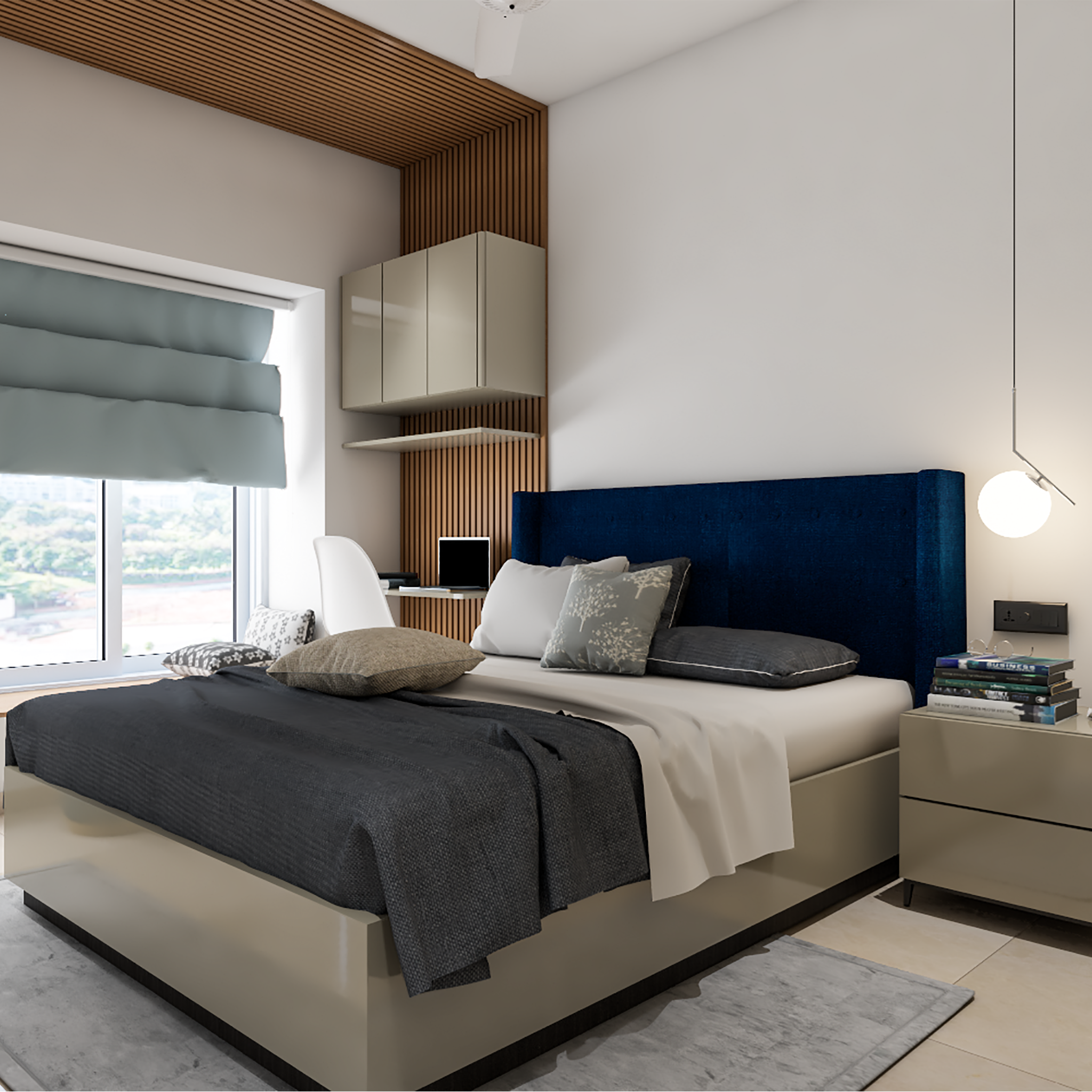 Spacious Bedroom Design With Blue Tufted Headboard | Livspace