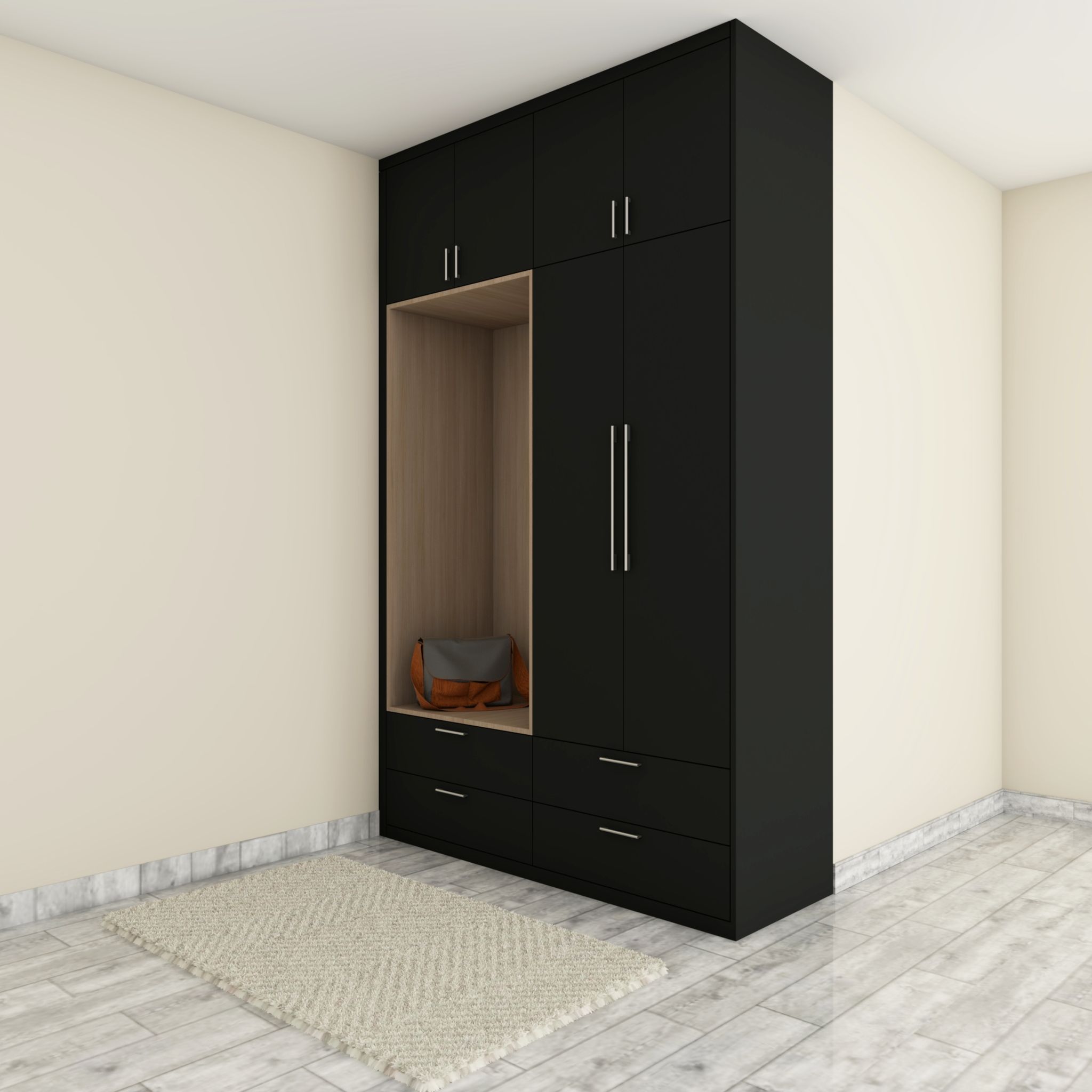 Hinged Modern Wardrobe Design Idea with Loft and Mirror | Livspace