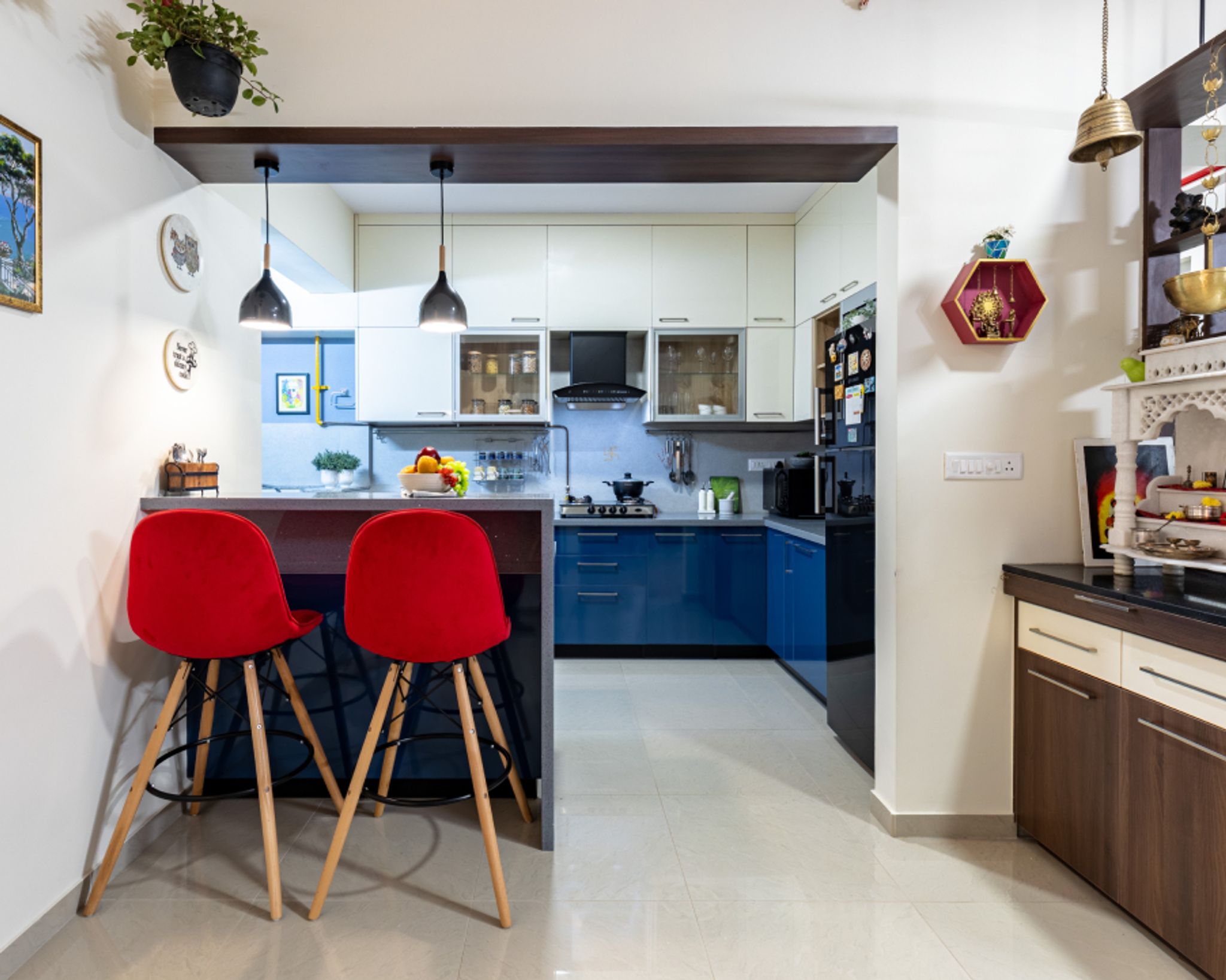 Modular Kitchen Design With Blue And White Cabinets | Livspace