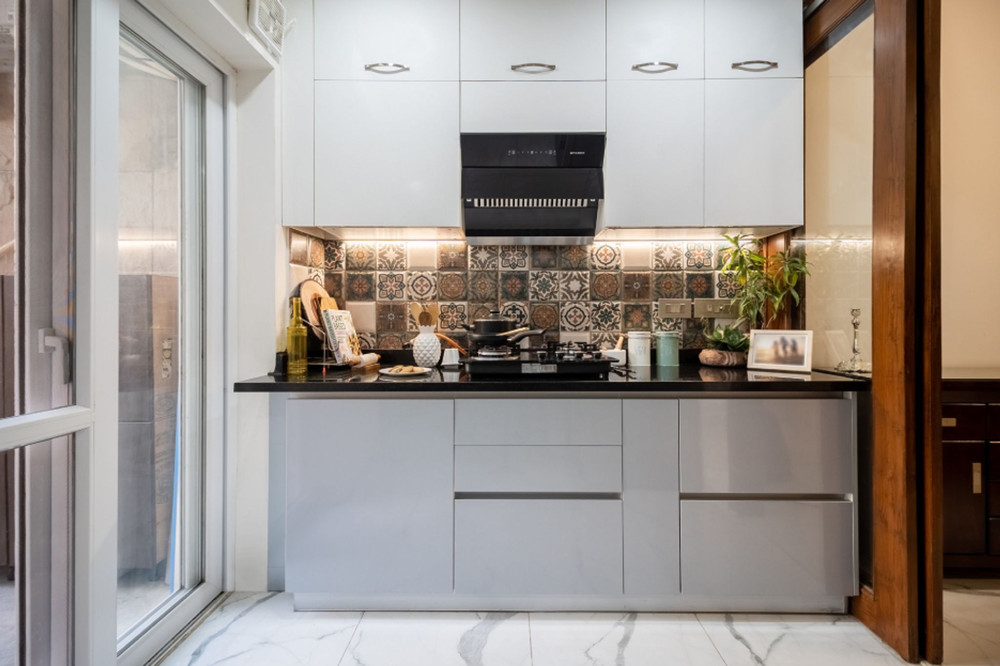 Compact Kitchen Design With Grey And White Storage Units | Livspace