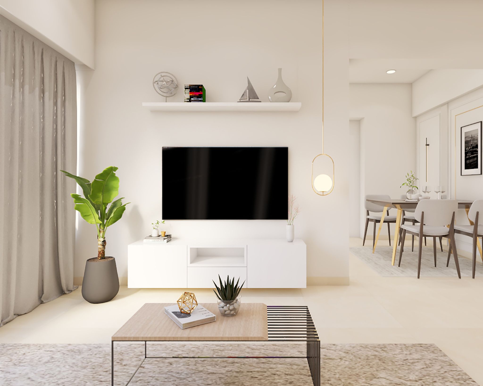 Compact TV Unit Design With White Console Table And Overhead Shelves ...