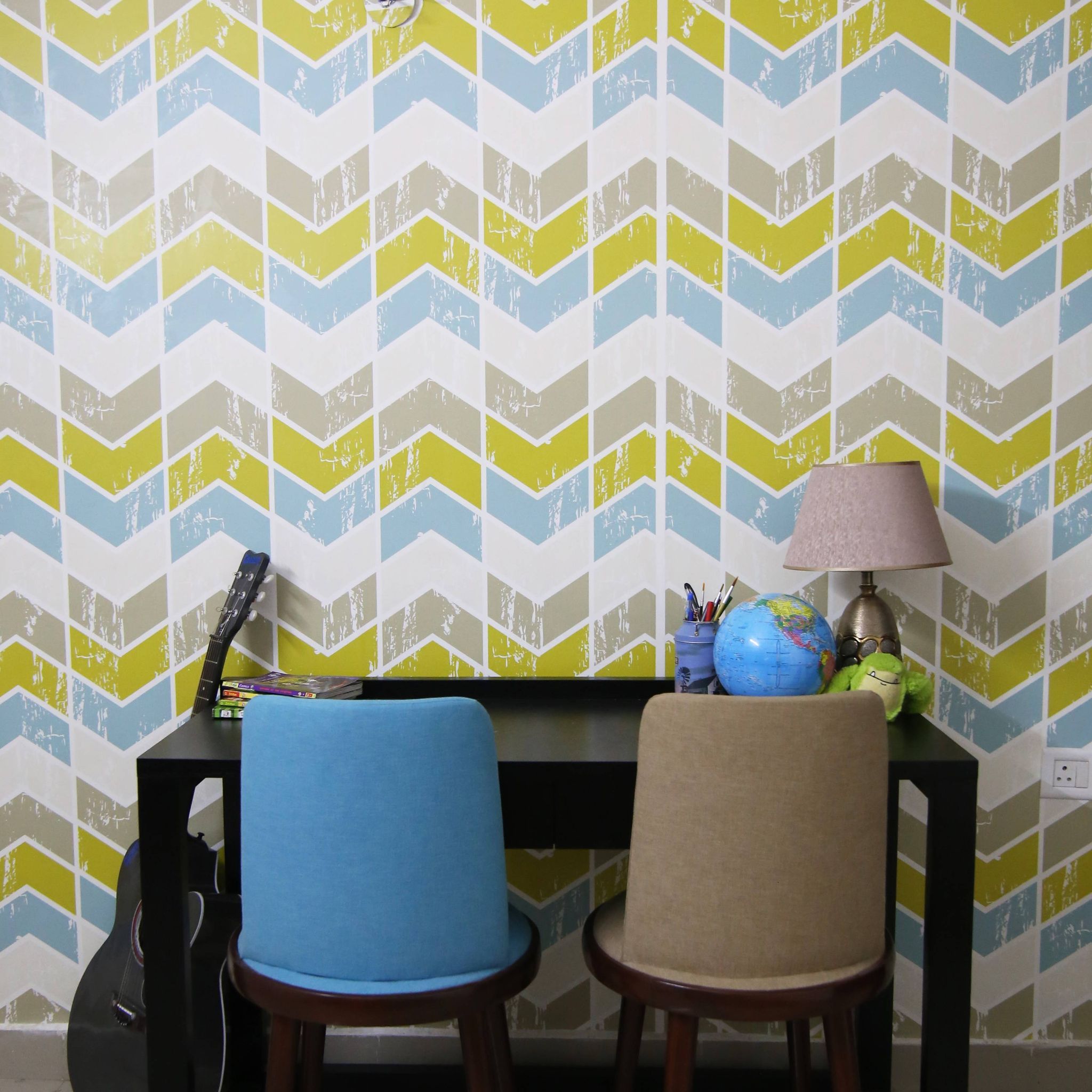 Blue, Grey, White, And Yellow Patterned Wallpaper Design Livspace
