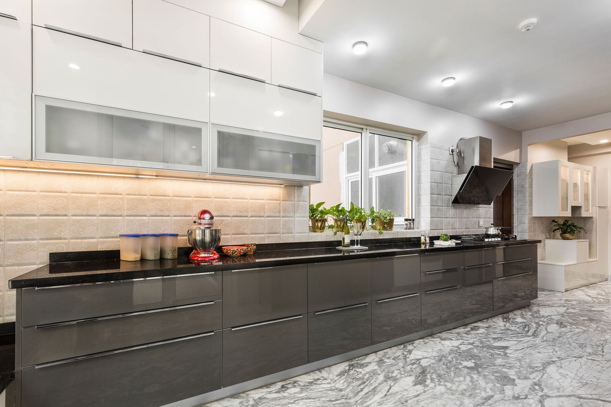Autumn Leaf And Frosty White Parallel Kitchen Design With Beige Dado ...