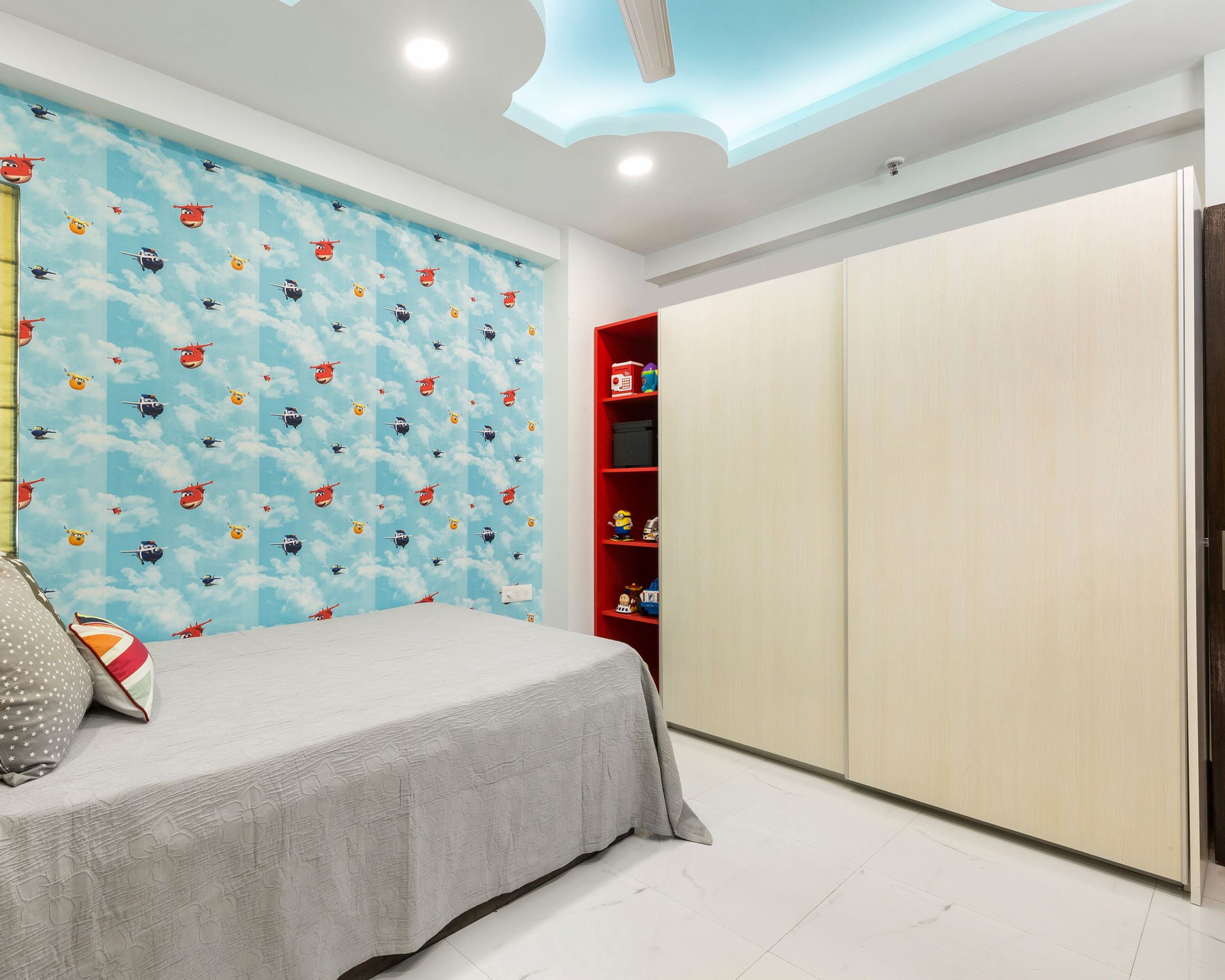 Wood And Red 2-Door Sliding Wardrobe Design With Open Storage | Livspace