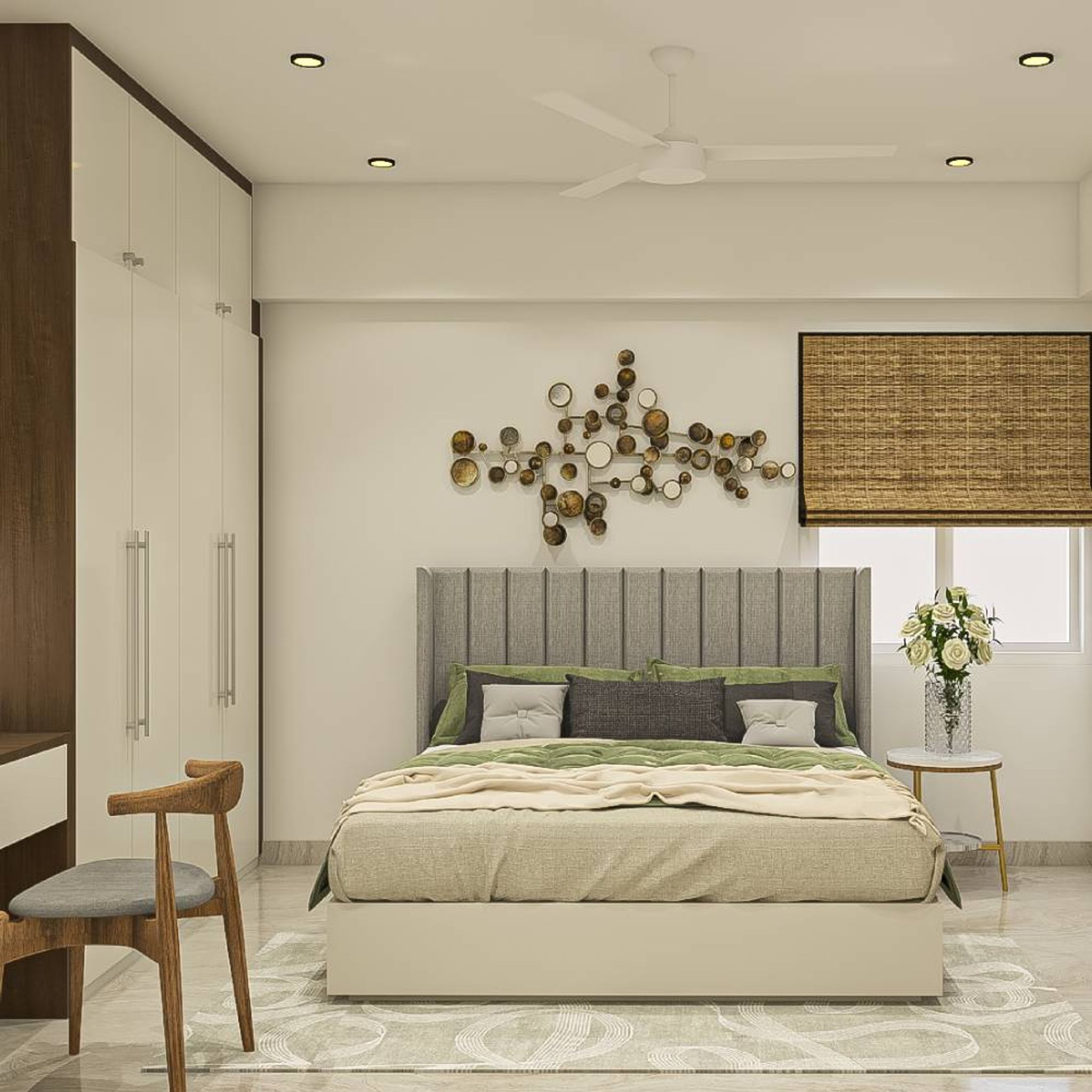 Guest Room Design With Grey Panelled Bed And White-Brown Swing Wardrobe ...
