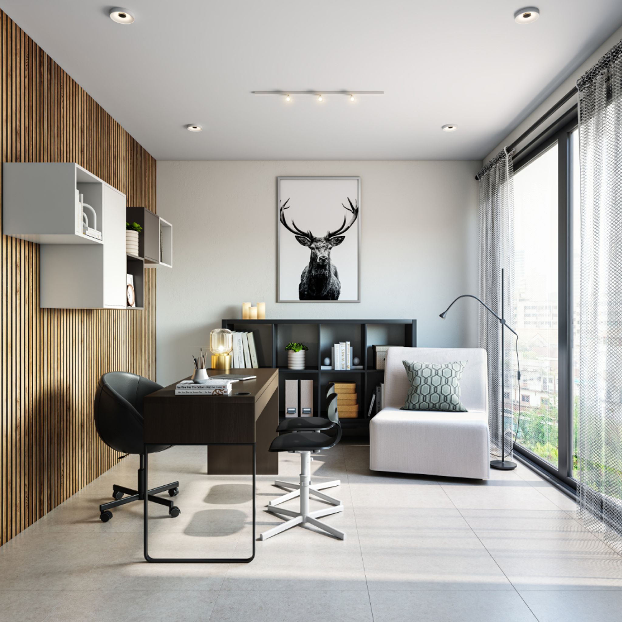 Spacious Home Office Design With Wooden Wall Panelling And White Accent ...