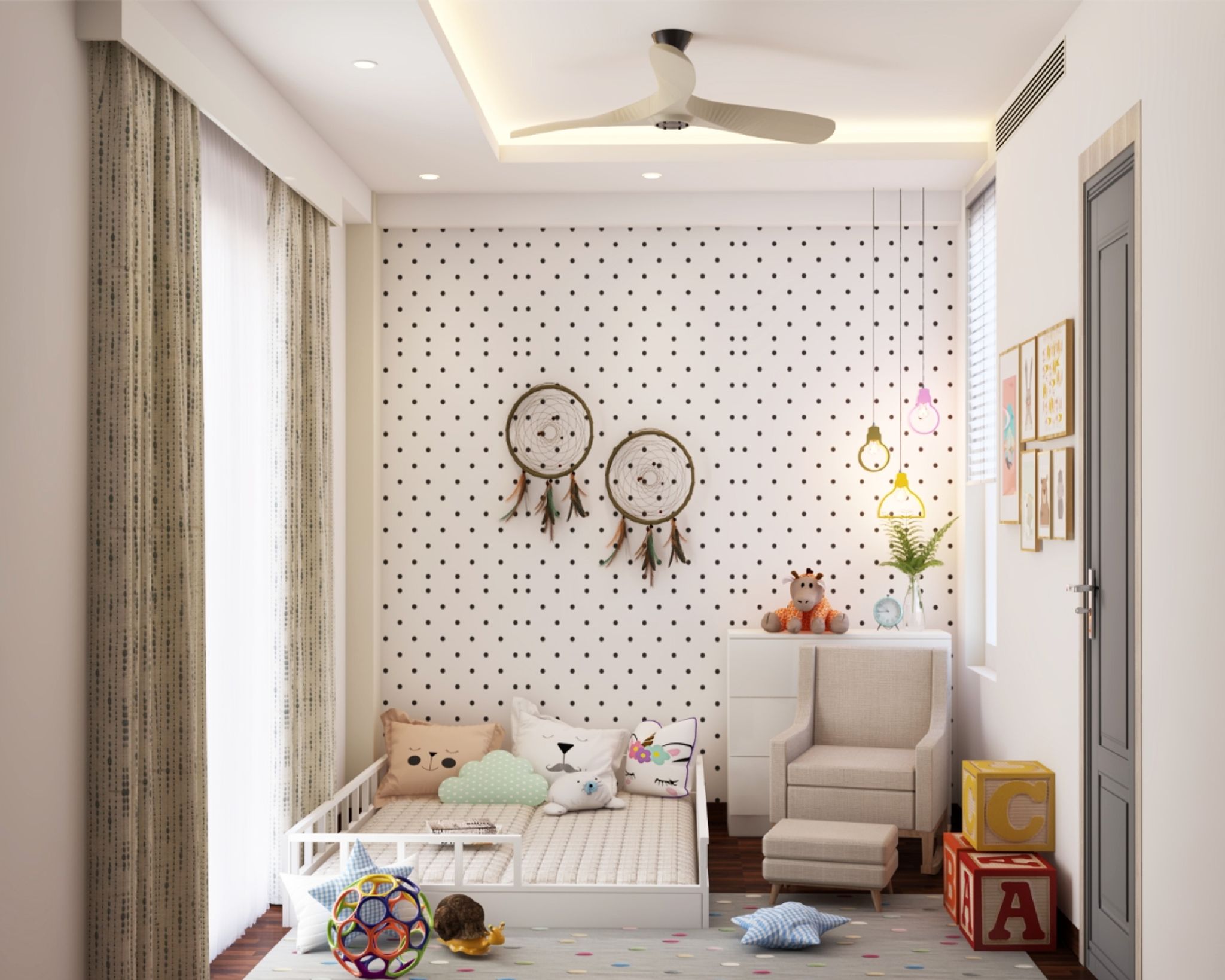 Spacious Kids Room Design With White Floor Bed And White Accent Chair ...