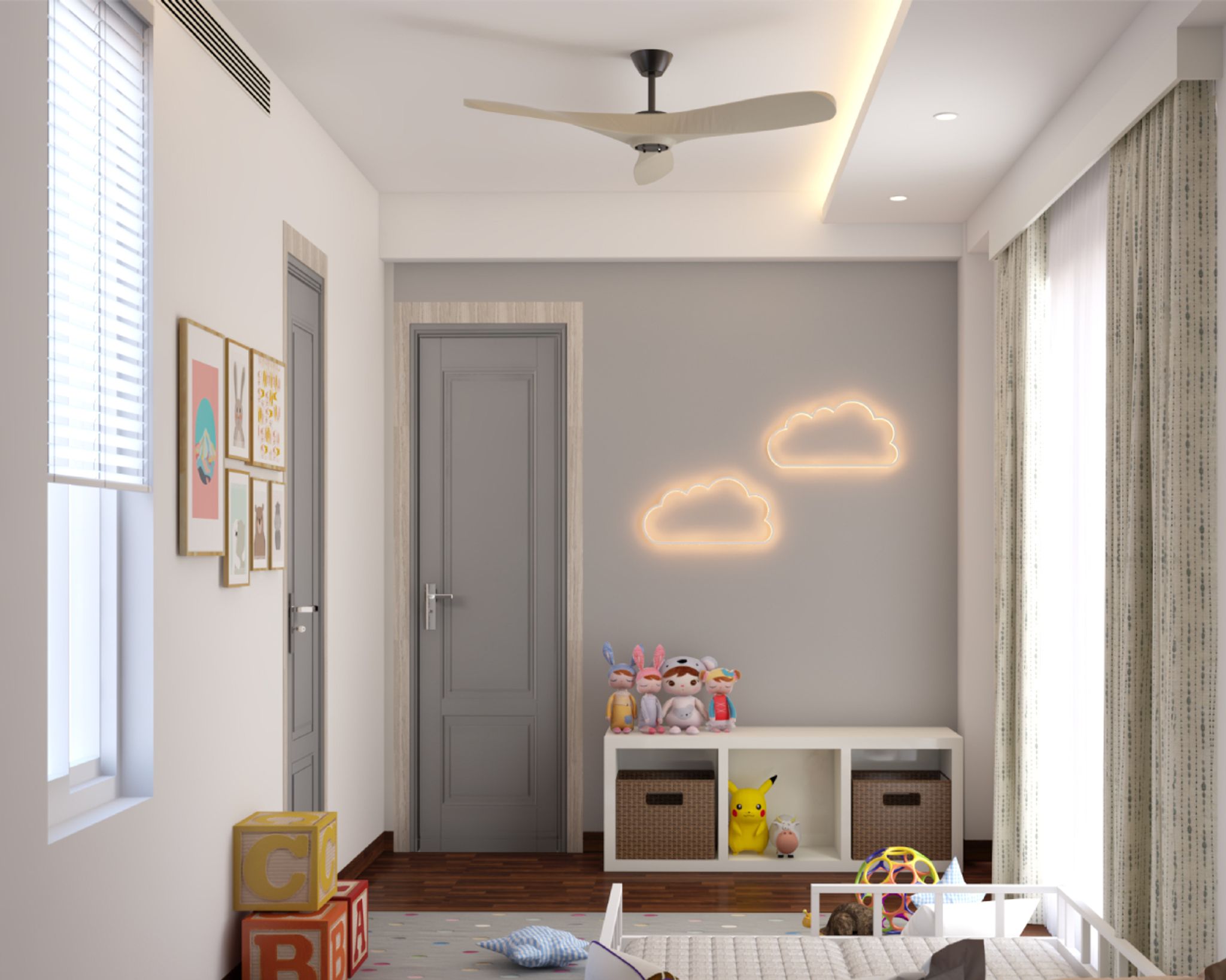 Spacious Kids Room Design With White Floor Bed And White Accent Chair ...
