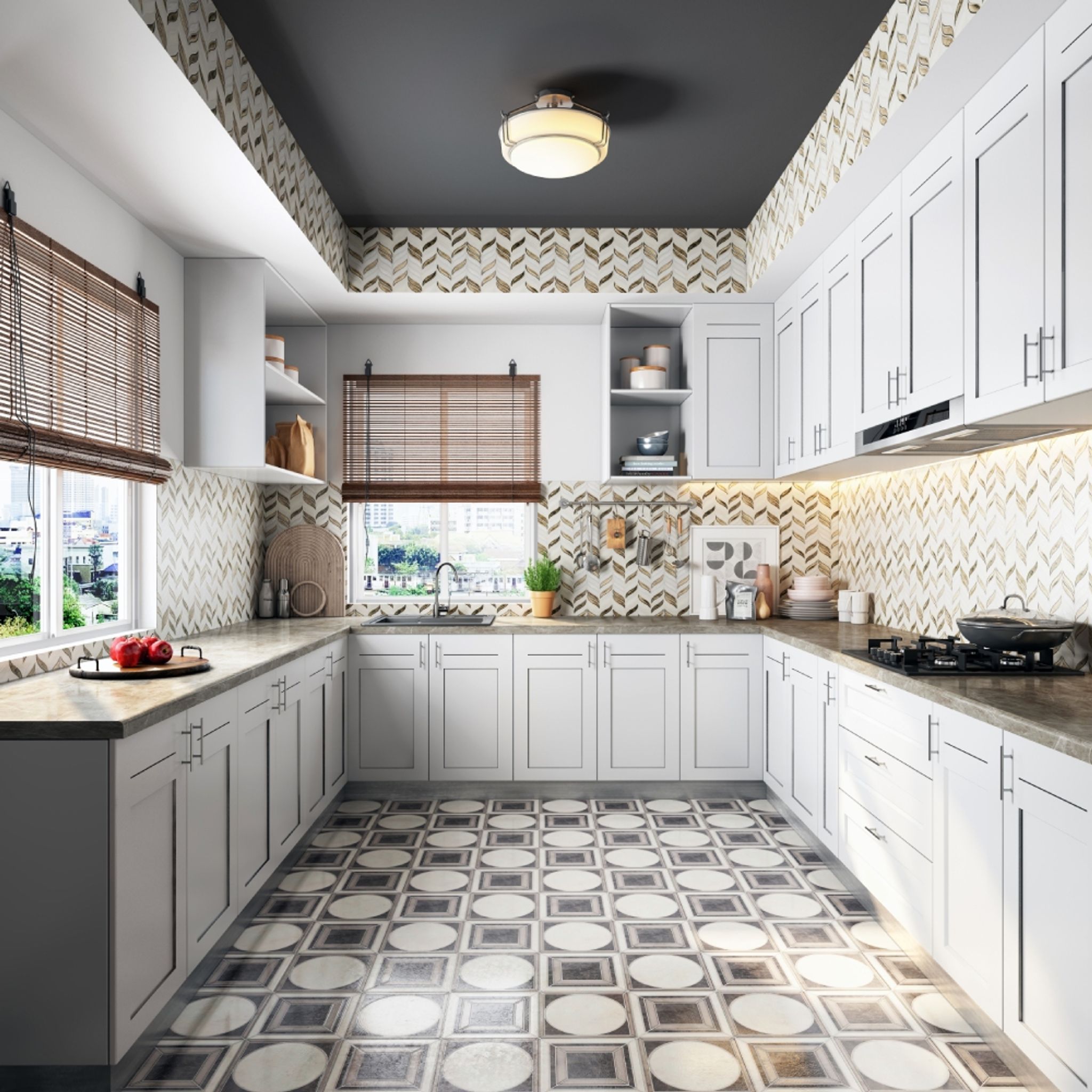 White Modular U-Shaped Kitchen Design With Modern Eclectic Aesthetics ...