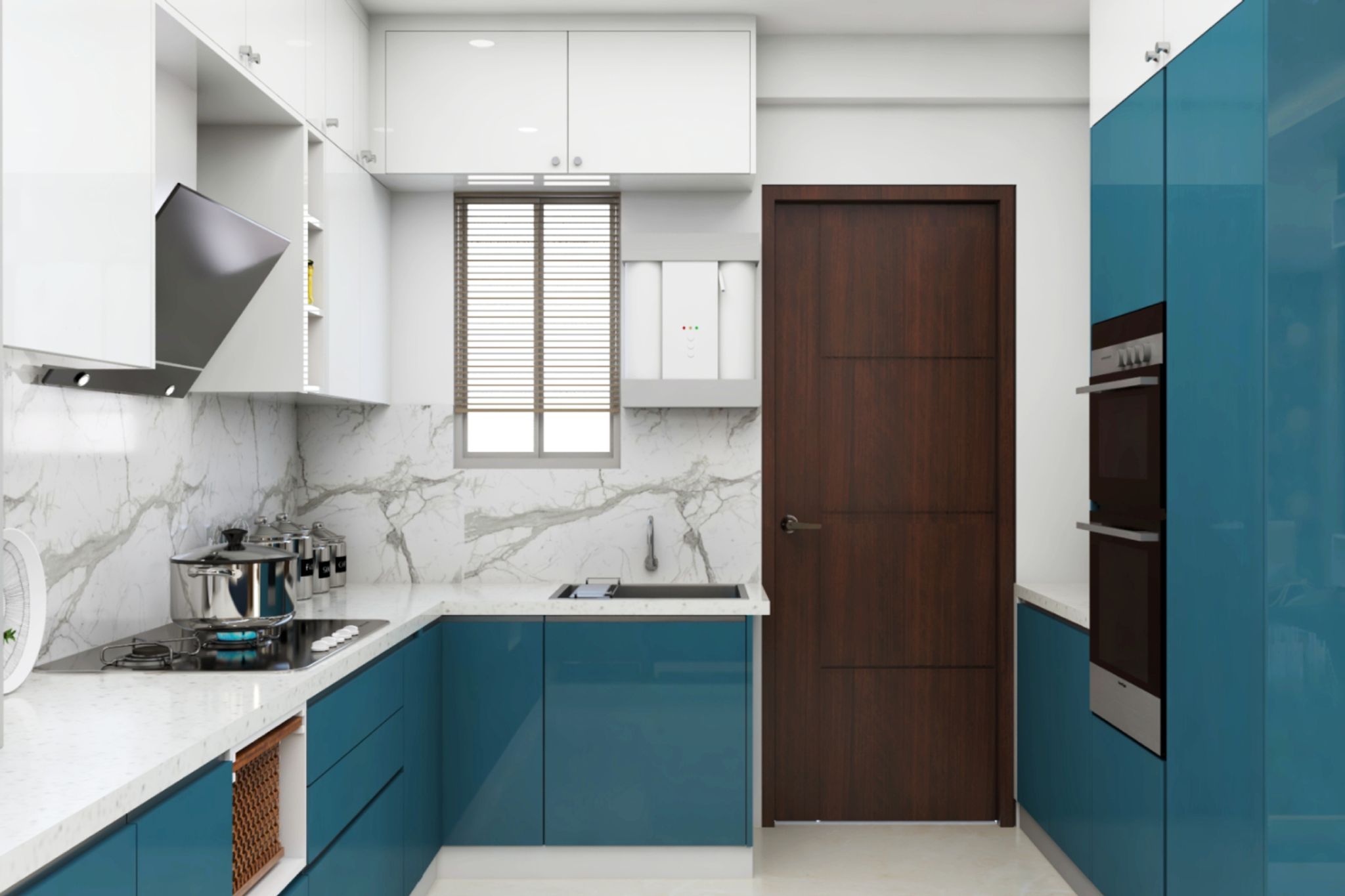 Teal Blue And White L-Shape Kitchen Cabinet Design With White Marble ...