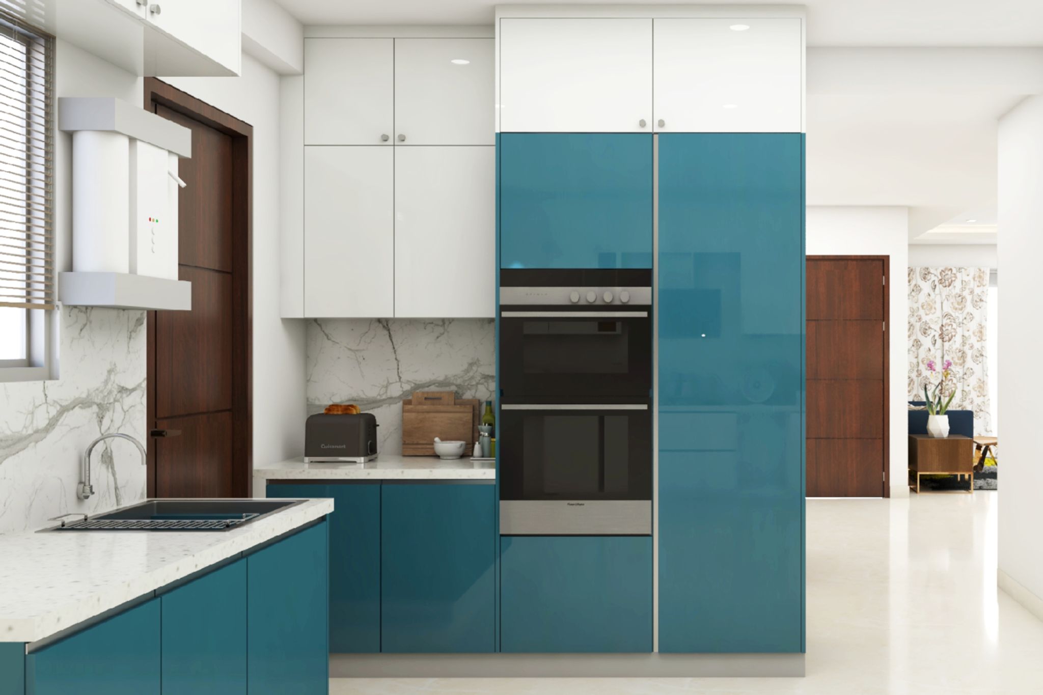Teal Blue And White L-Shape Kitchen Cabinet Design With White Marble ...