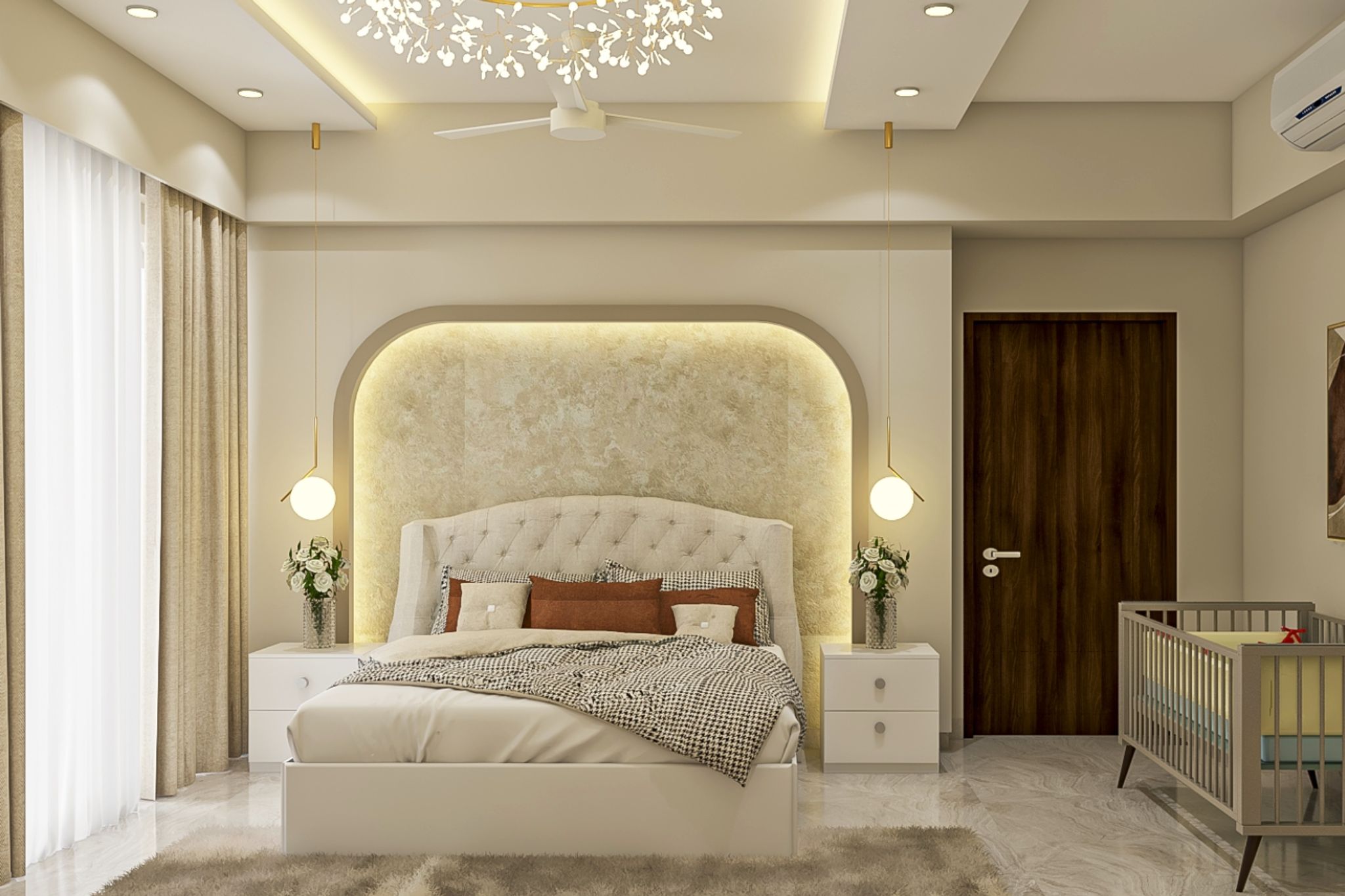 Contemporary Master Bedroom Design with Beige Accent Wall | Livspace