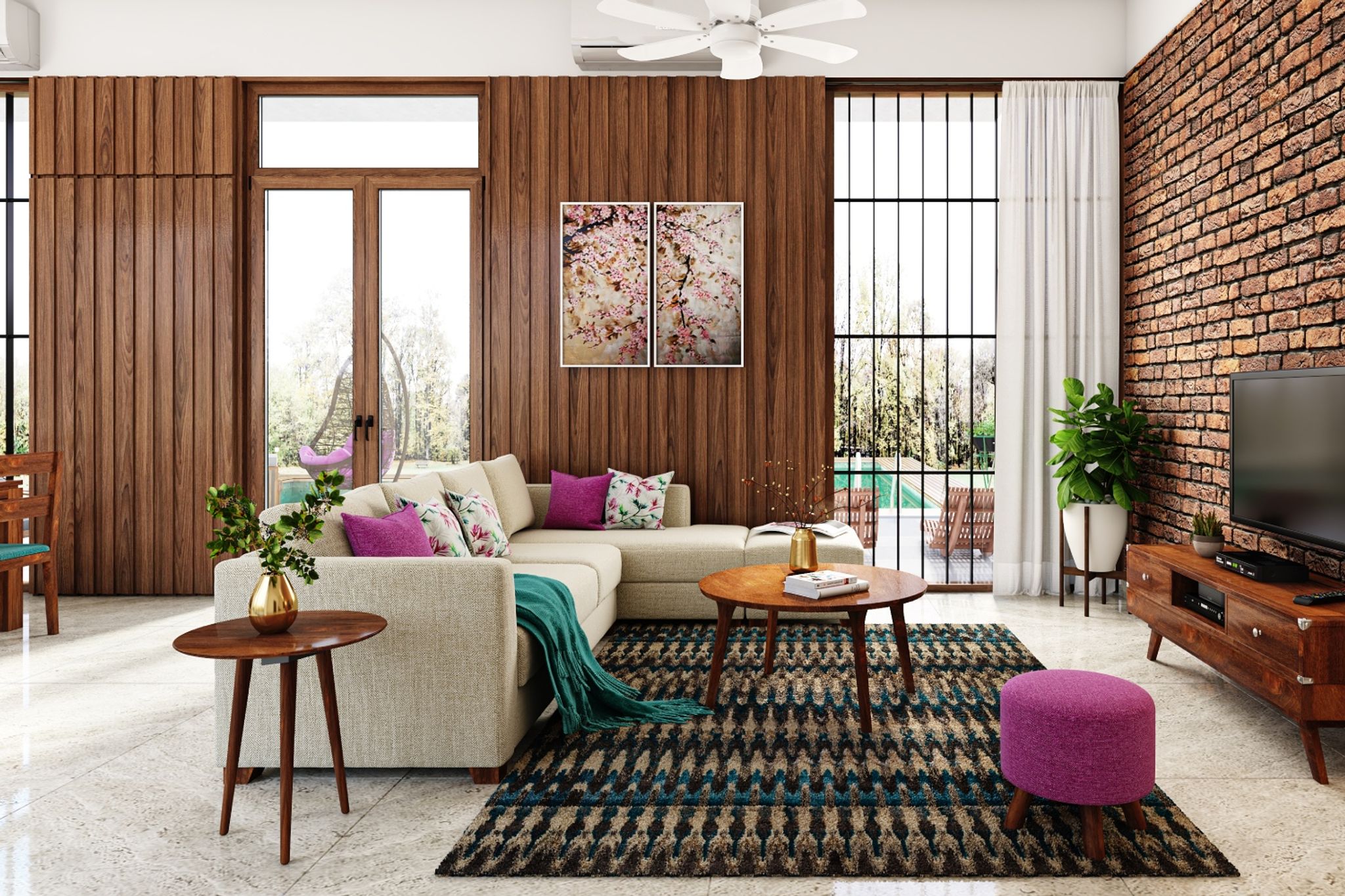Wooden Panelling Wall Design And Rustic Brick Wall For The Living Room ...