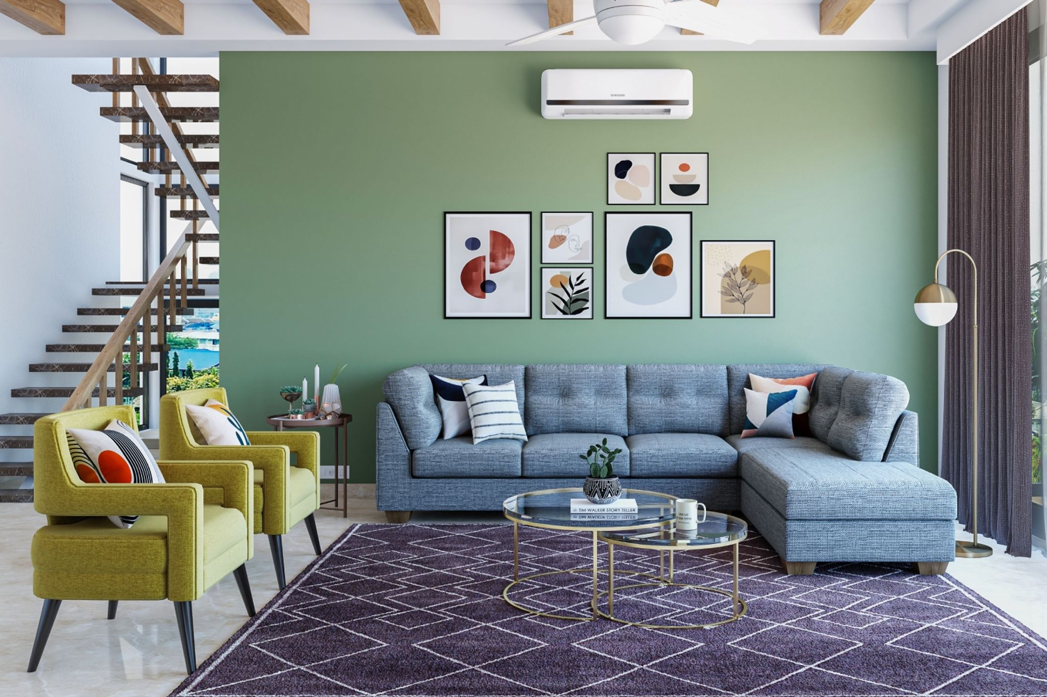 Green Living Room Wall Paint Design With Colourful Art Work And ...