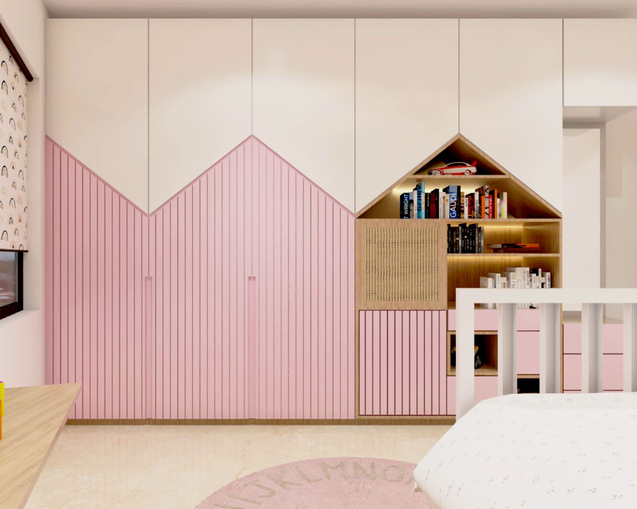 5-Door White And Pink Swing Wardrobe With Wooden Open Shelves | Livspace
