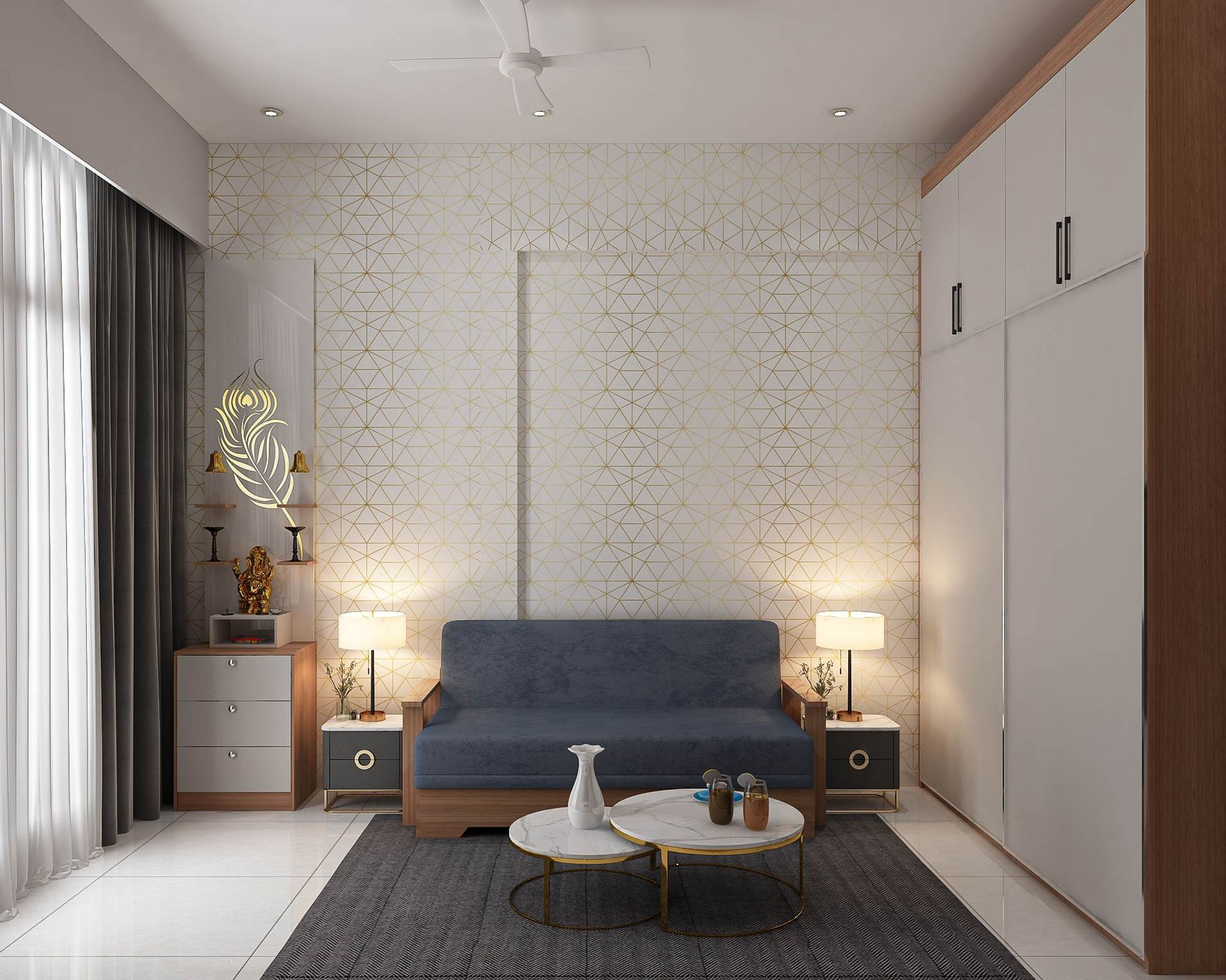 Spacious Guest Room Design With White And Gold Wallpaper Design | Livspace