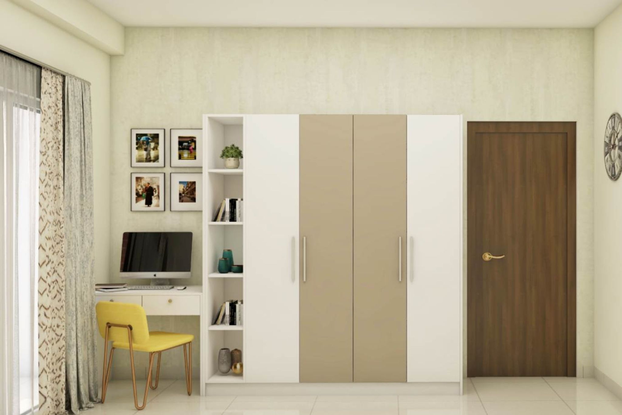 Compact Study Room Design With Beige And White Wardrobe Unit | Livspace