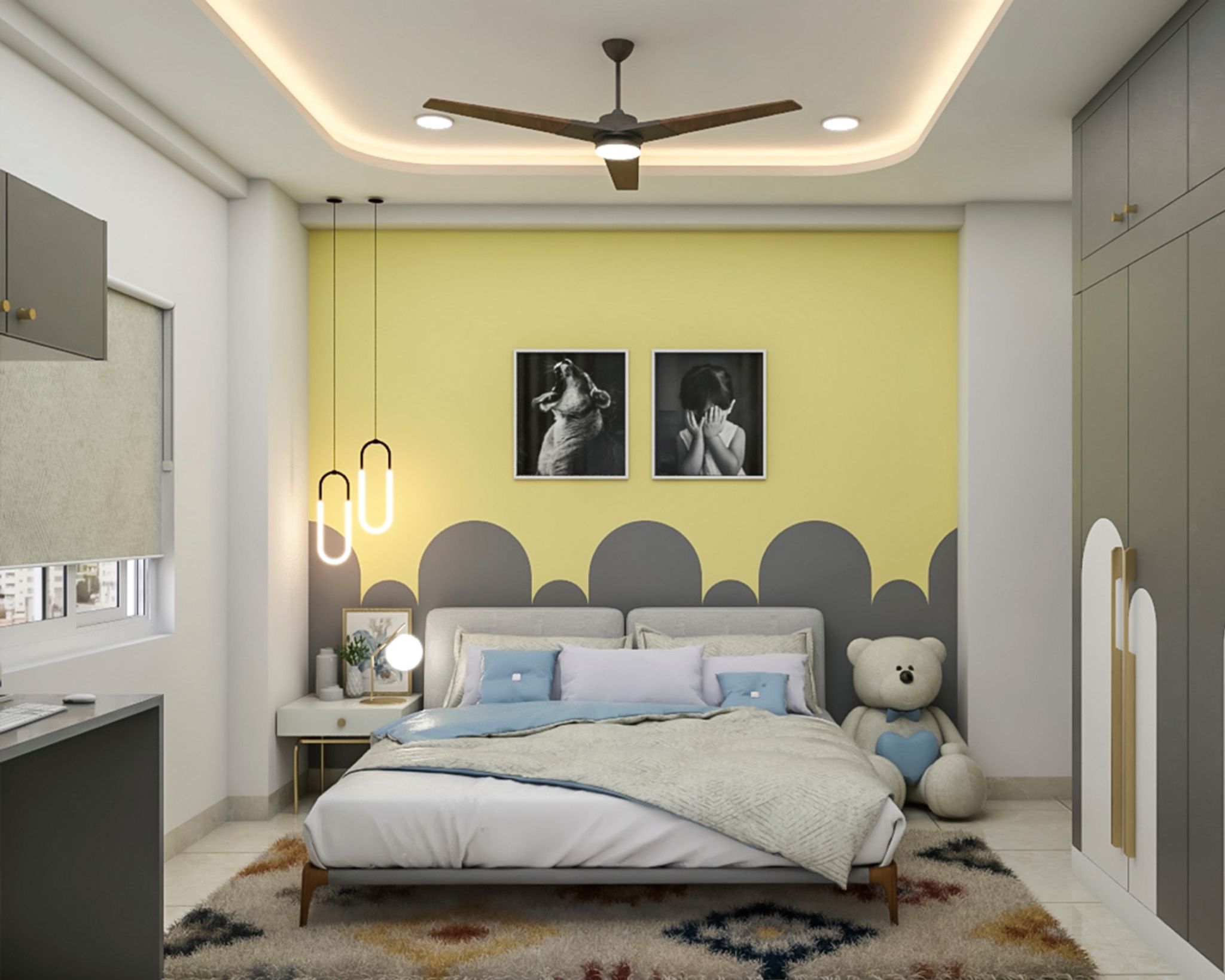 Compact Boy's Room Design With Yellow And Grey Accent Wall | Livspace