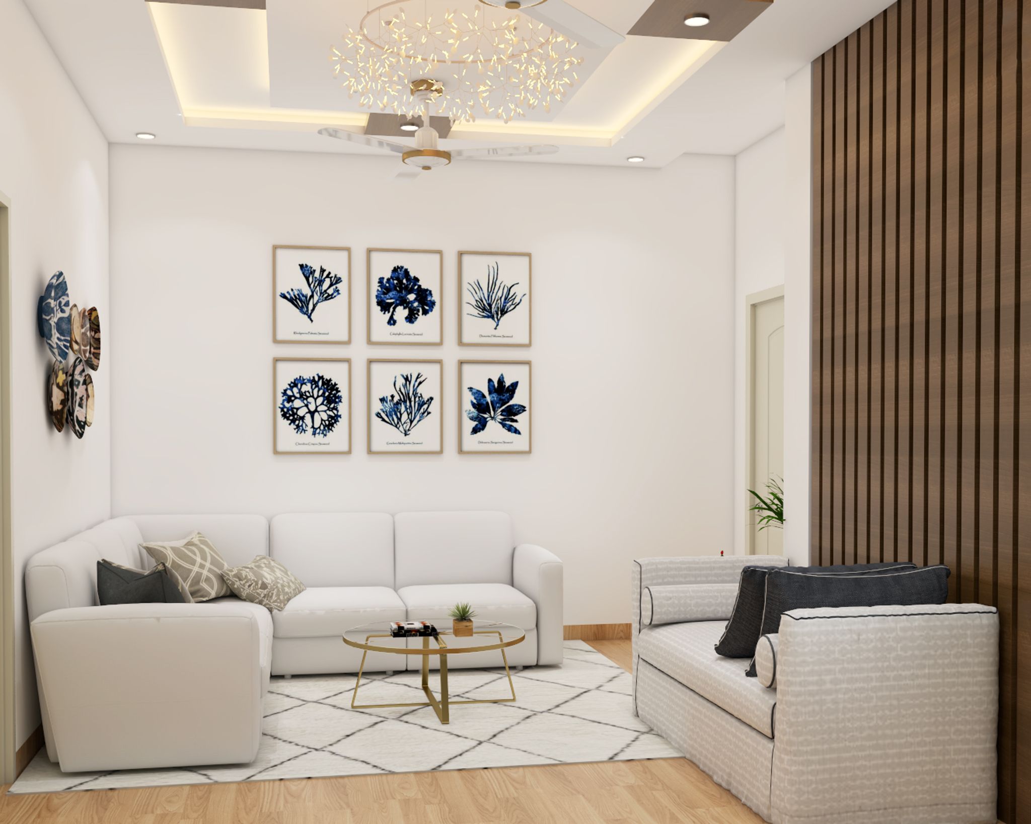Compact Living Room Design With A White And Grey Printed Ottoman | Livspace
