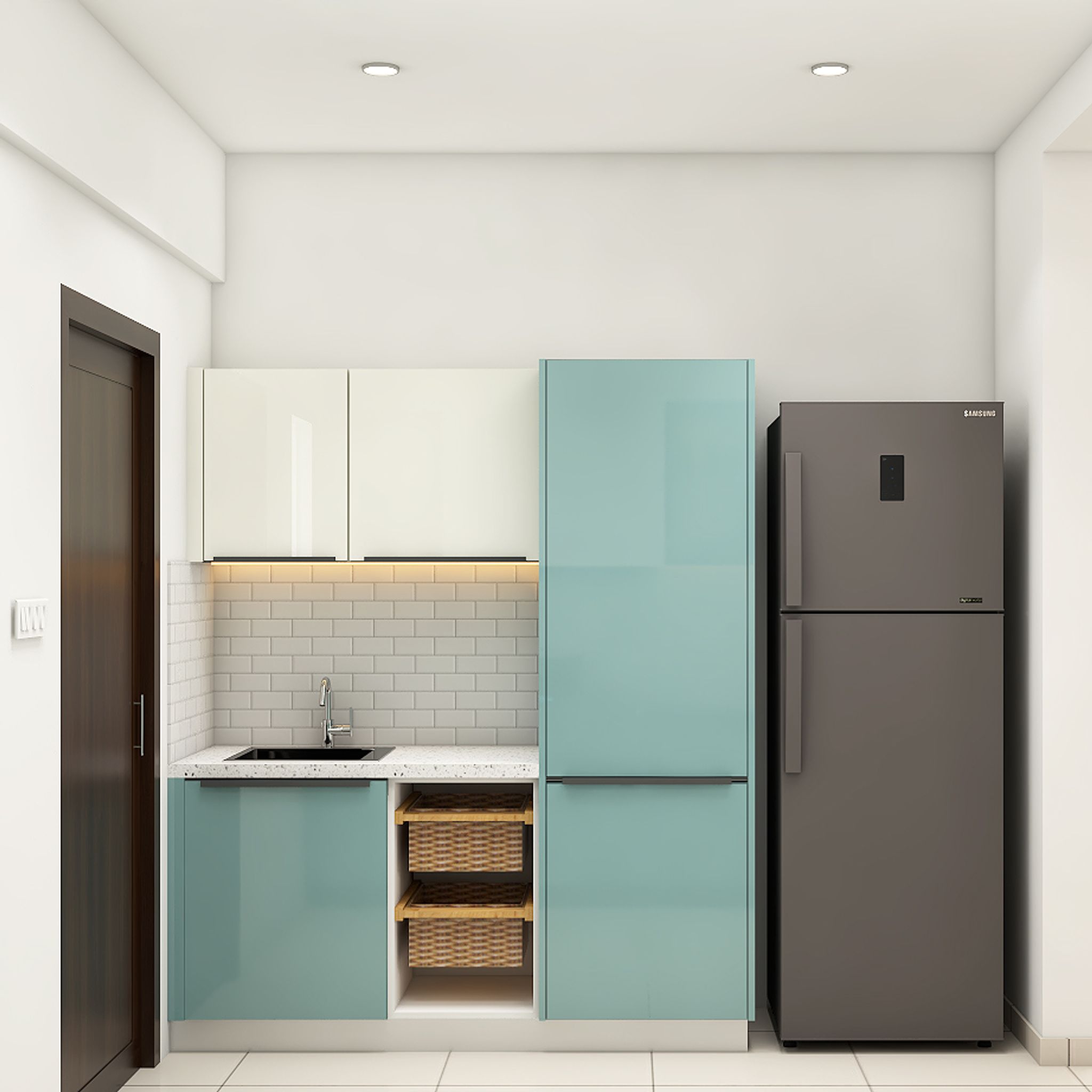 Compact L-Shaped Blue And White Kitchen Design | Livspace