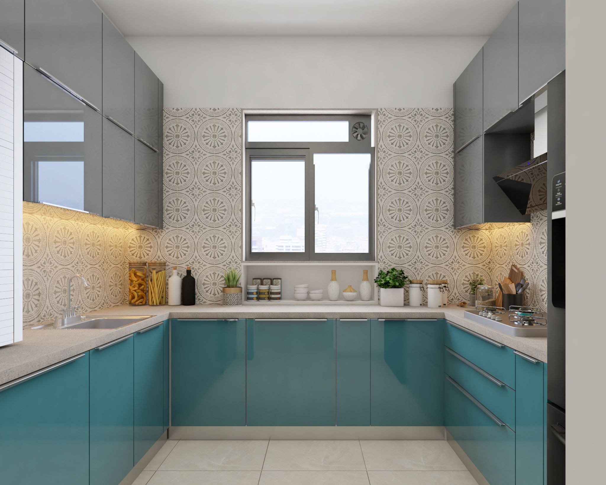 Spacious Kitchen Design With White Quartz Countertop | Livspace