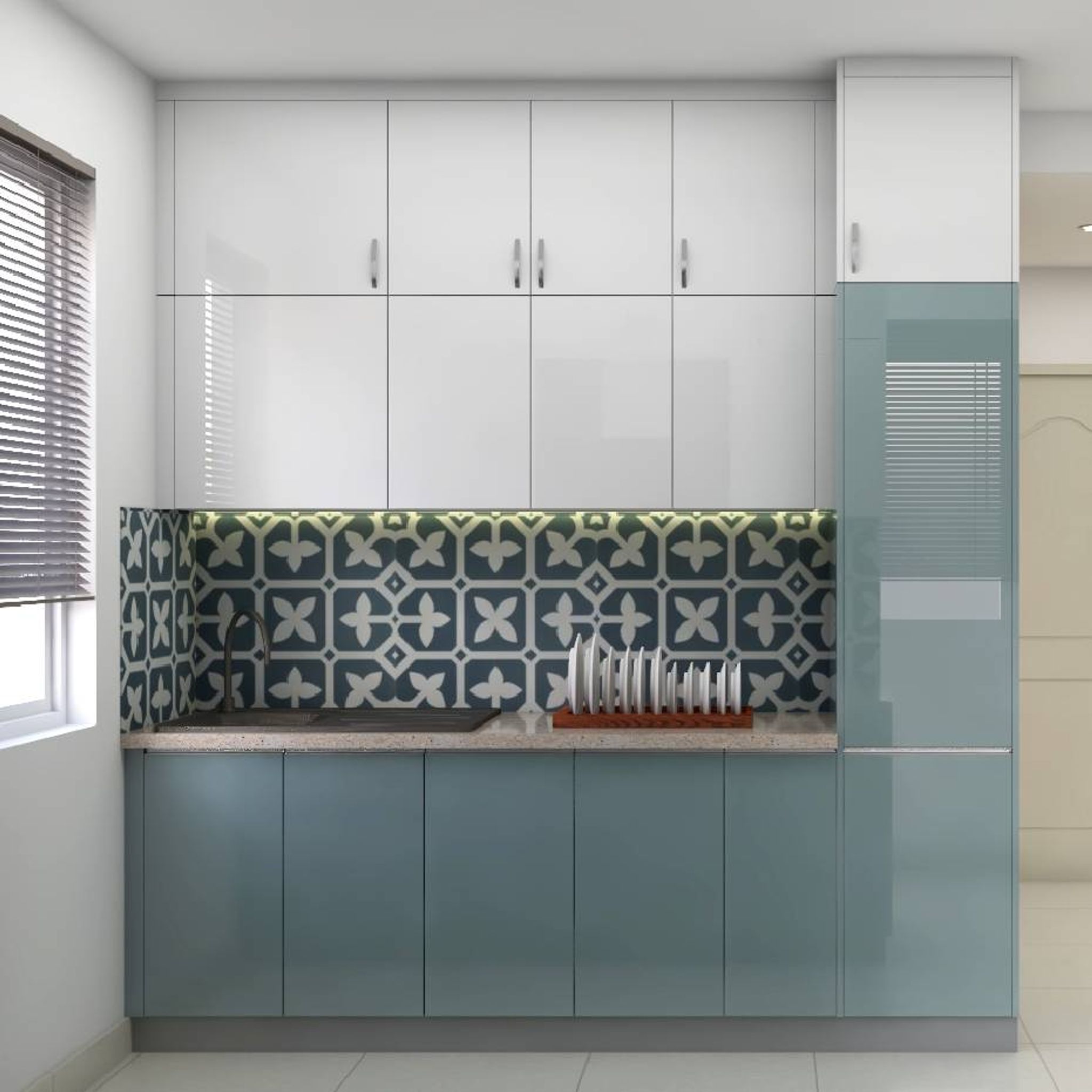 Blue And White Parallel Kitchen Design | Livspace