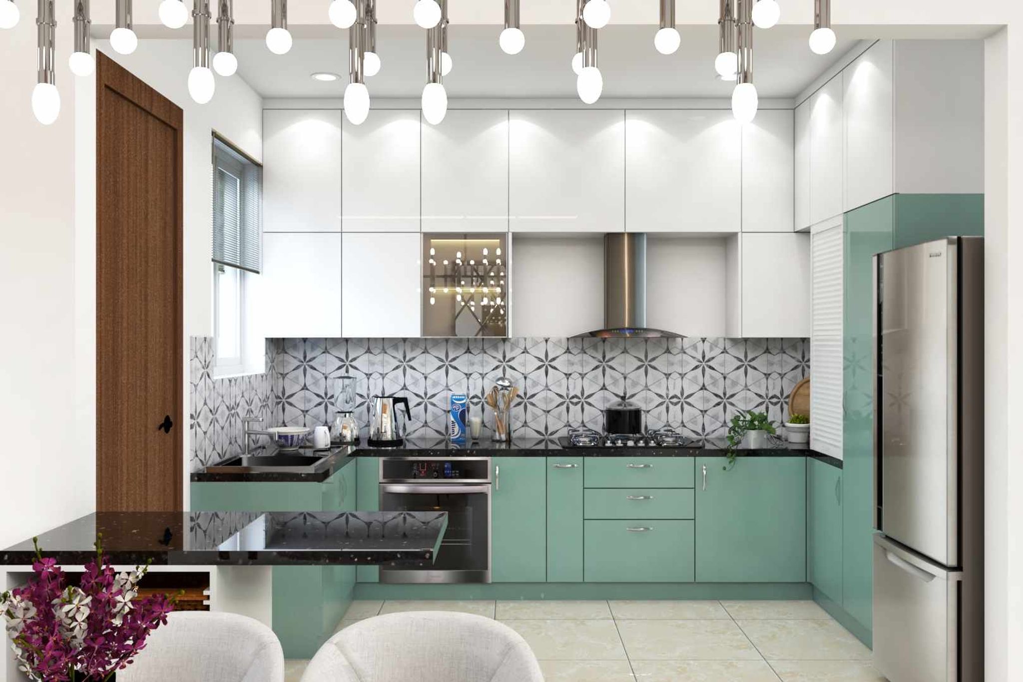 Spacious Kitchen Design With White And Aqua Green Storage Units | Livspace