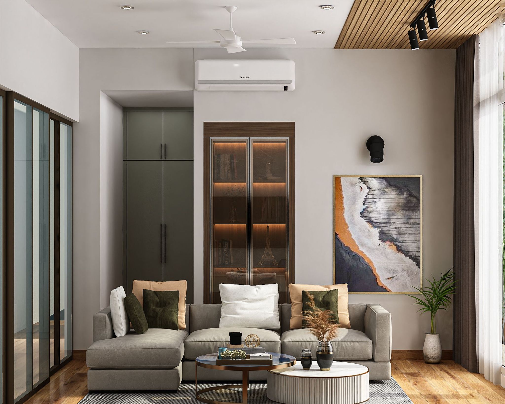 Spacious Living Room Design With Grey Sofa | Livspace