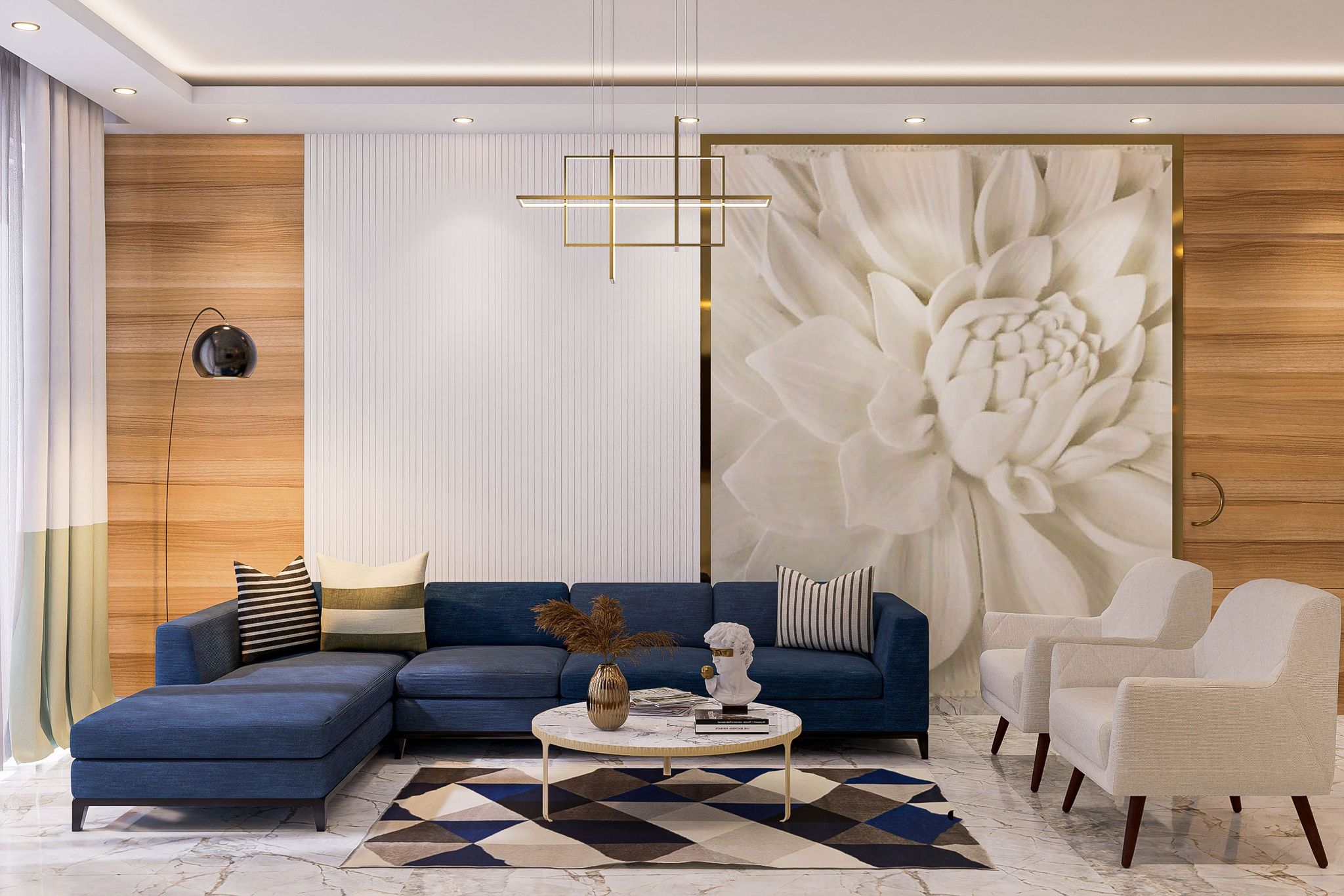 Spacious Living Room Design With A Chandelier | Livspace
