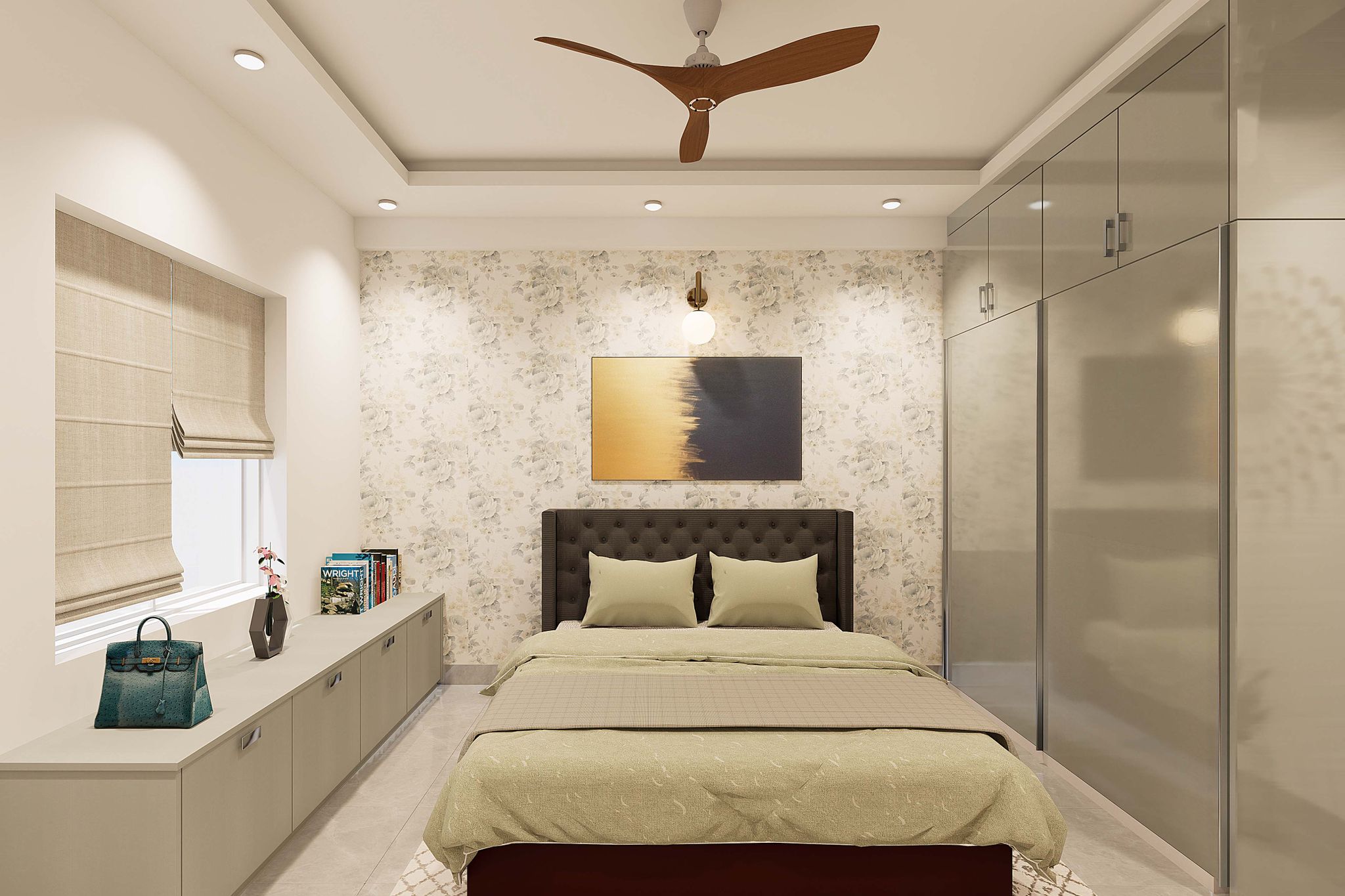 Grey-Toned Guest Bedroom Design With Sliding Shutter Wardrobe | Livspace