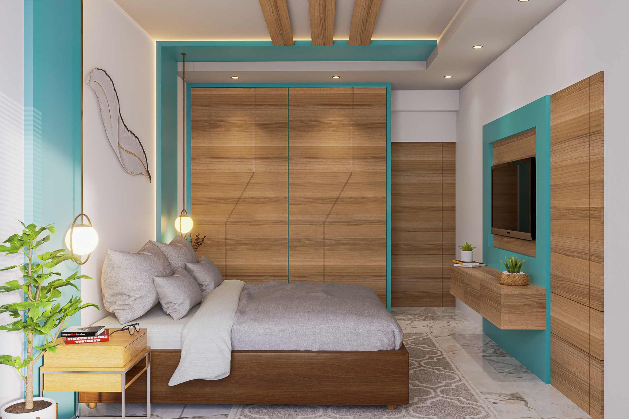 Spacious Bedroom Design With Hanging Lights | Livspace