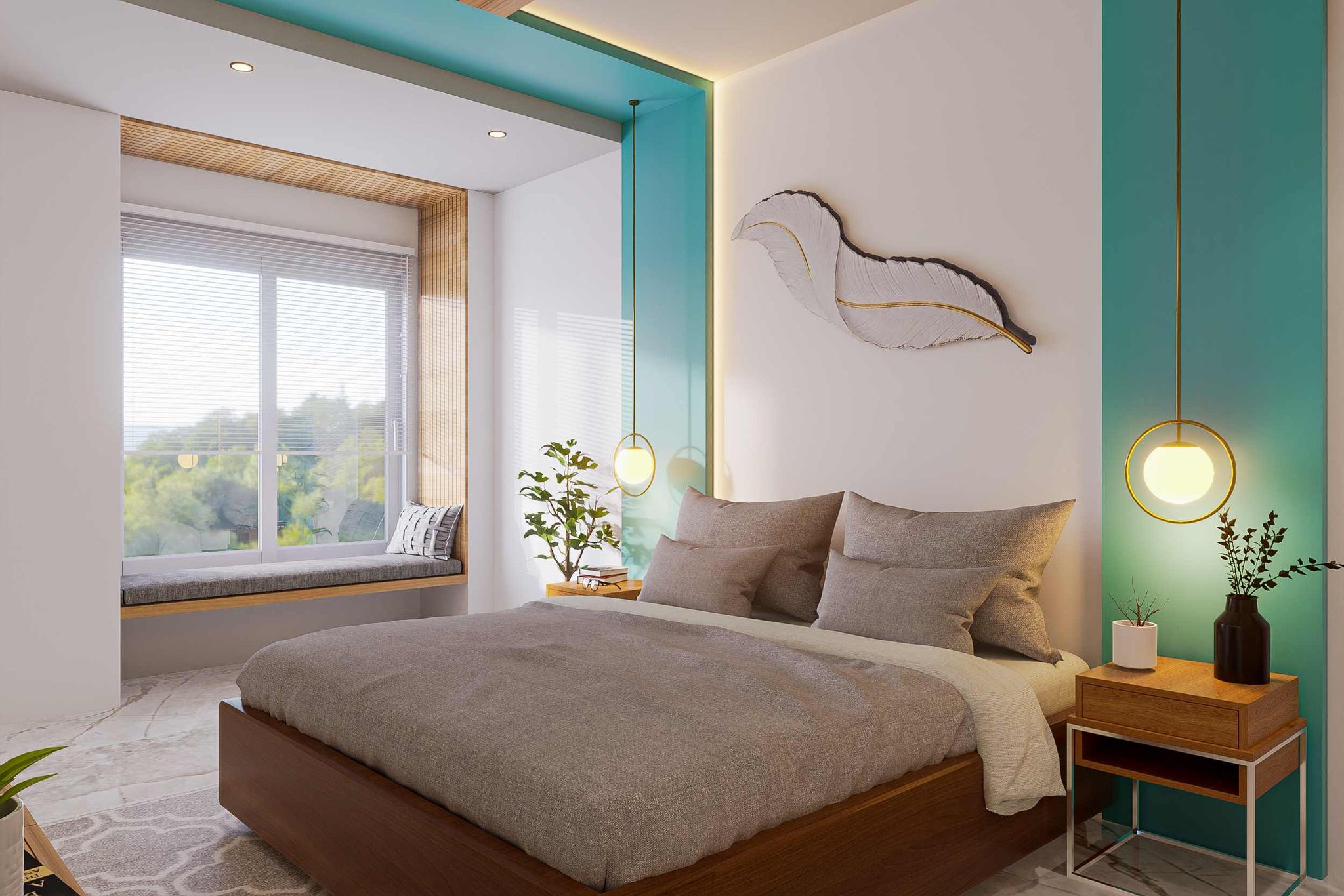 Spacious Bedroom Design With Hanging Lights | Livspace