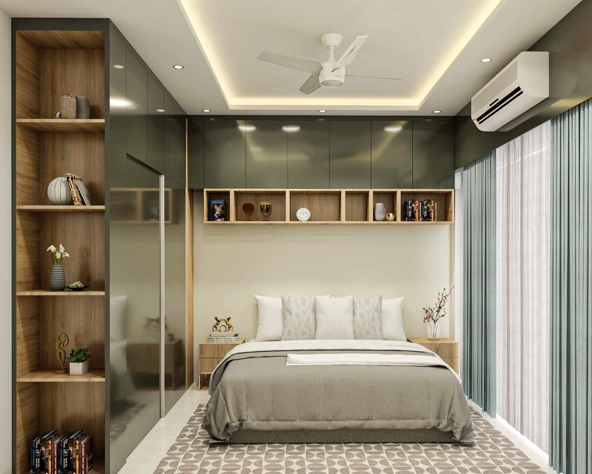 Spacious Bedroom Design With Wooden Side Tables And Shelves | Livspace