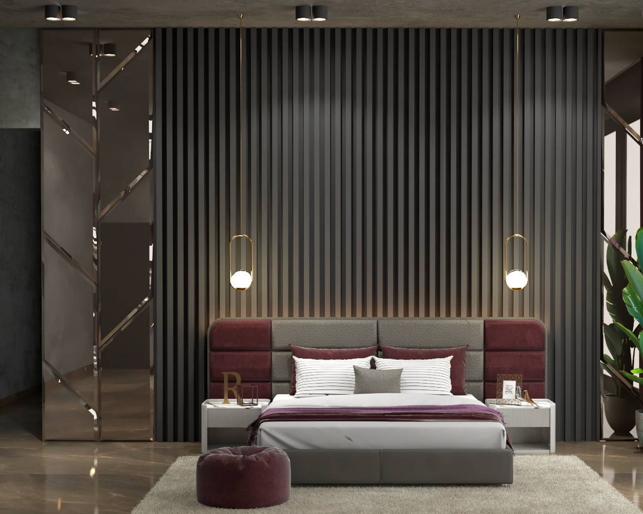 Spacious Bedroom Design With Grey And Black Rafters For The Headboard ...