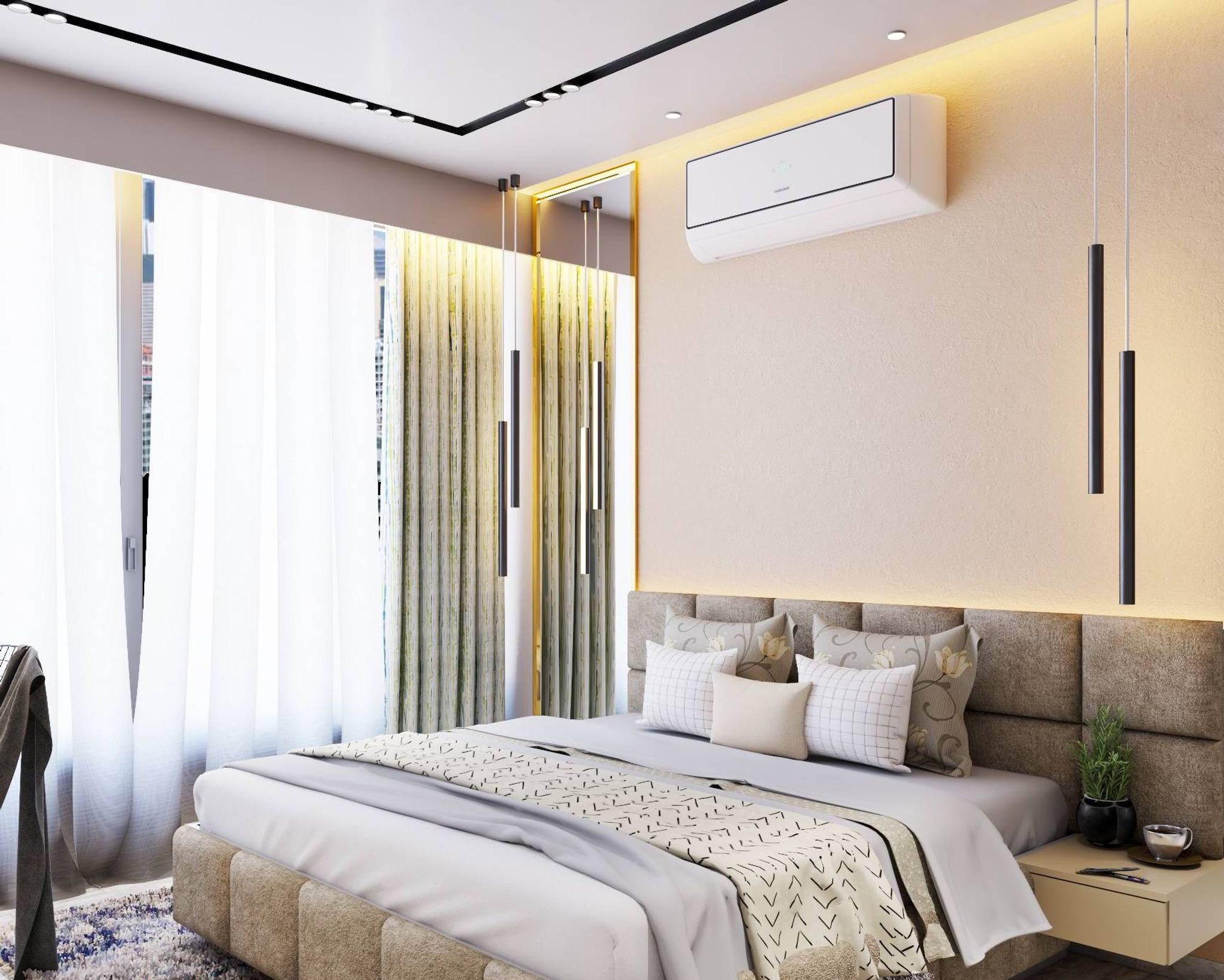 Spacious Bedroom Design With Mirror Panelling And Pendant Lights | Livspace